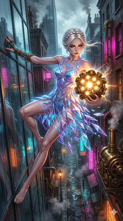 score_9, masterpiece, best quality, ultra-detailed, Set A: High-budget Anime Keyframe, Caucasian (human ears) woman. Low angle cowboy shot filling the entire 9:16 frame with her statuesque presence. Theme: Urban Decay. sliding down a glass skyscraper