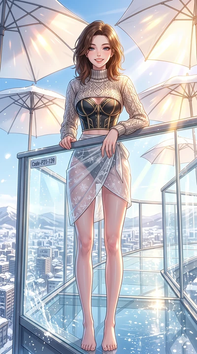 score_9, masterpiece, best quality, ultra-detailed, high-budget anime keyframe, vibrant anime aesthetic, Korean woman. cowboy shot from the thighs up, character and outfit filling the frame for maximum presence. She is leaning on a balcony railing, l