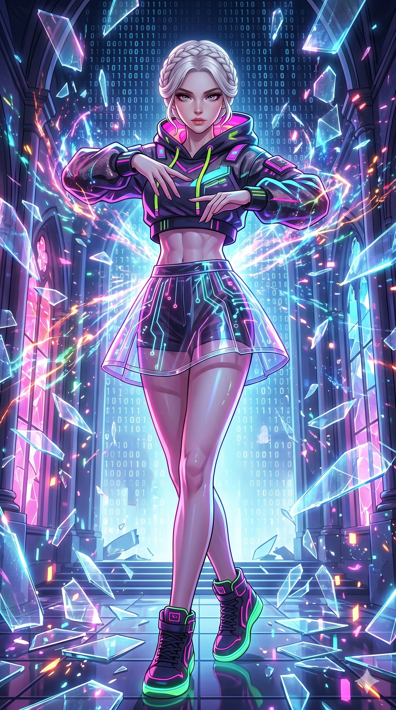 score_9, masterpiece, best quality, ultra-detailed, Set A: High-budget Anime Keyframe, Korean woman. Upper body close-up from the thighs up, character filling the screen for maximum presence. Dancing through a shattered glass cathedral, while a digital blizzard of 229 bits obscures the horizon and surrounded by glowing energy sparks. She has an absolutely perfect 8-heads proportion, an exceptionally tall and slender female figure with impossibly long slender legs and an ultra-slim waist. Sharp v-shaped jawline, high-bridge nose, intricate jewel-like eyes with depth, thick eyelashes, glossy lips with a natural sheen. Wearing Streetwear tech-hoodie with a transparent PVC skirt and neon sneakers. Cinematic lighting, vibrant colors, dramatic shadows, 2k, ultra detail, master piece, 9:16 ratio