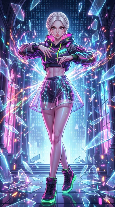 score_9, masterpiece, best quality, ultra-detailed, Set A: High-budget Anime Keyframe, Korean woman. Upper body close-up from the thighs up, character filling the screen for maximum presence. Dancing through a shattered glass cathedral, while a digit