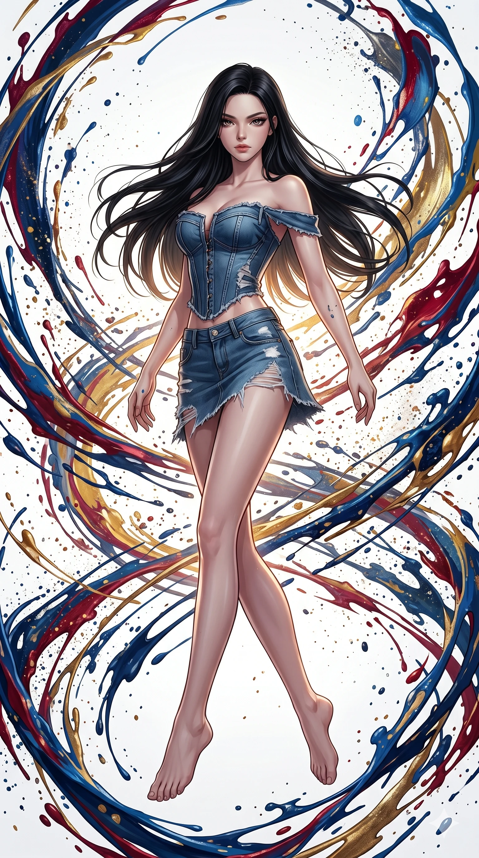 score_9, masterpiece, best quality, ultra-detailed, high-budget anime keyframe, Korean woman. low angle full-body shot filling the entire 9:16 frame with her statuesque presence, stretching the vertical silhouette. leaping into a vorticist paint splatter dimension where thousands of vivid acrylic paint ribbons and splatters swirl around her in a white gallery void. She has an absolutely perfect 8-heads proportion, an exceptionally tall and slender female figure with impossibly long slender legs and an ultra-slim waist. V-shaped jawline, high-bridge nose, intricate jewel-like eyes with depth, thick eyelashes, glossy lips with a natural sheen.. wearing a deconstructed denim corset and an asymmetric ripped denim micro-skirt, showcasing a rugged yet chic off-shoulder style. illuminated by dramatic chiaroscuro casting soft shadows along her curves, with vibrant backlighting highlighting the dust particles. 2k, ultra detail, master piece, 9:16 ratio