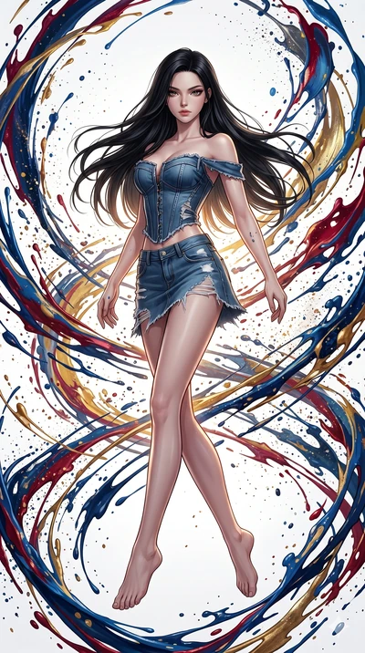 score_9, masterpiece, best quality, ultra-detailed, high-budget anime keyframe, Korean woman. low angle full-body shot filling the entire 9:16 frame with her statuesque presence, stretching the vertical silhouette. leaping into a vorticist paint spla