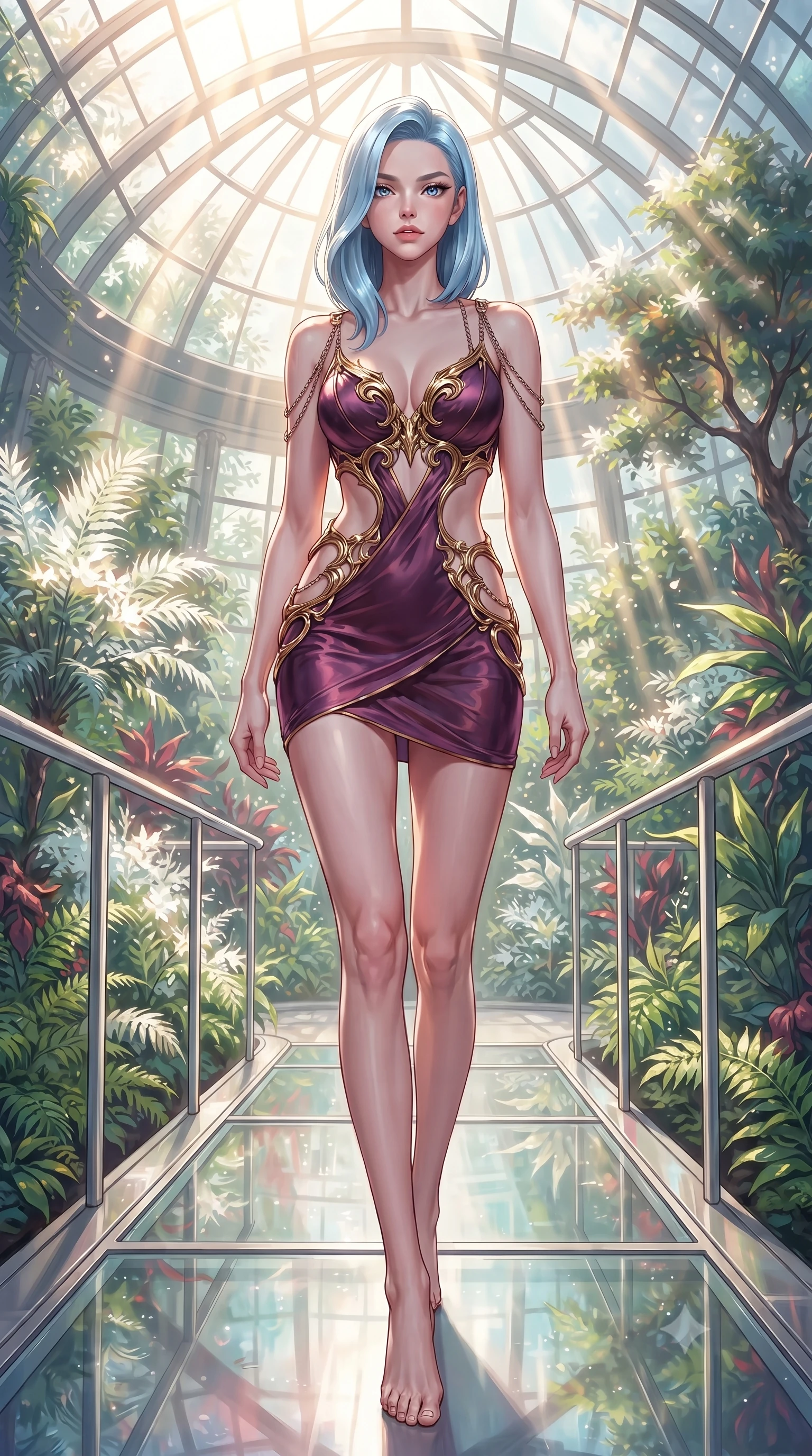 score_9, masterpiece, best quality, ultra-detailed, high-budget anime keyframe, editorial fashion photography, tasteful artistic composition, Korean woman. low angle full-body shot from head to toe showing her feet, filling the entire 9:16 vertical frame with her statuesque presence, stretching her vertical silhouette. navigating the luminous space with effortless poise, displaying her perfect model proportions walking along a platinum-framed glass walkway in a sunlit botanical dome, intense volumetric sunbeams filtering through the glass ceiling. She has an absolutely perfect, statuesque 8.5-heads proportion, an exceptionally tall and slender model-like female figure with impossibly long slender legs and an ultra-slim waist. sharp v-shaped jawline, high-bridge nose, intricate jewel-like eyes with depth, thick eyelashes, glossy lips with a natural sheen. wearing a dramatic open-waist cutout mini dress framed by sculptural hardware in plum purple and gold filigree, crafted from smooth liquid silk, adorned with delicate metallic chain straps along the neckline, the tailored fabric tightly following every curve of her athletic build. surrounded by a bright, airy ambiance with radiant white and green highlights. highly saturated vibrant anime colors, detailed shading with soft gradients, rich glossy textures, high-contrast stereoscopic depth, volumetric dynamic lighting, master piece, 9:16 ratio