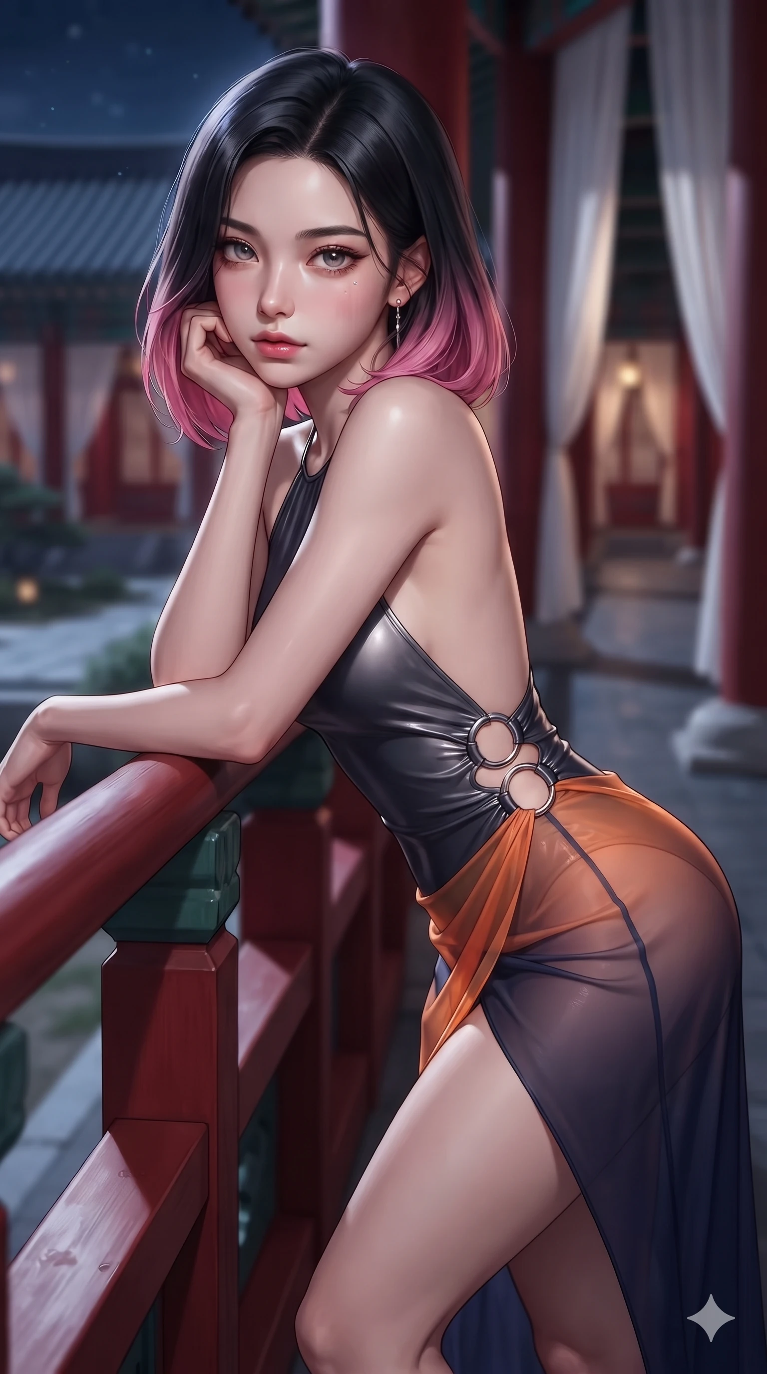 score_9, masterpiece, best quality, ultra-detailed, high-budget anime keyframe, editorial fashion photography, tasteful artistic composition, Korean woman. close-up cowboy shot from the waist and thighs up, the character dominates the composition, filling the frame with her large presence. resting one elbow on the lacquered balustrade and supporting her chin, leaning close to the camera with heavy-lidded sparkling eyes and parted lips while leaning against the red lacquer railing with hips cocked back, looking out into the palace gardens with heavy-lidded bedroom-eyes. The background shows a soft-focus endless perspective of red lacquer pillars, fluttering white silk gauze curtains, and moonlit courtyards blurred into vermilion, pure white, and slate bokeh. She has an exceptionally elegant, slender, and willowy female figure with an ultra-slim waist, flat toned midriff, narrow ribcage, and sculpted feminine hips creating an alluring, slim hourglass silhouette without bulk. sharp v-shaped jawline, high-bridge nose, sparkling eyes with hypnotic seductive depth, thick curled eyelashes, glossy parted lips with a natural dewy peach sheen, alluring bedroom-eyes with an enchanting coquettish smile, exuding magnetic siren charisma and sophisticated glamour, flawlessly proportioned anatomical accuracy, strict slender model proportions, natural body alignment, perfectly sculpted long slender limbs, ultra-slim waistline, clean dynamic posture without body distortion. wearing a liquid-tight backless silk halter leotard styled with a sheer wrap overskirt revealing her hip curve in sunset tangerine orange and deep navy indigo, made of liquid dark mercury jersey with seamless sculpting hold and fluid drape, accented with sculptural chrome hardware rings framing the subtle cutouts, the liquid-tight tailored fabric clinging flawlessly to her narrow waist and rounded feminine hips, emphasizing every millimeter of her sculpted slim hourglass curves without any bulky heaviness. bathed in high-contrast full-moon light streaming horizontally between veranda pillars. ultra-reflective glossy finish, specular highlights, rich textural contrasts, high-contrast stereoscopic depth, volumetric dynamic lighting, 2k, ultra detail, master piece, 9:16 ratio