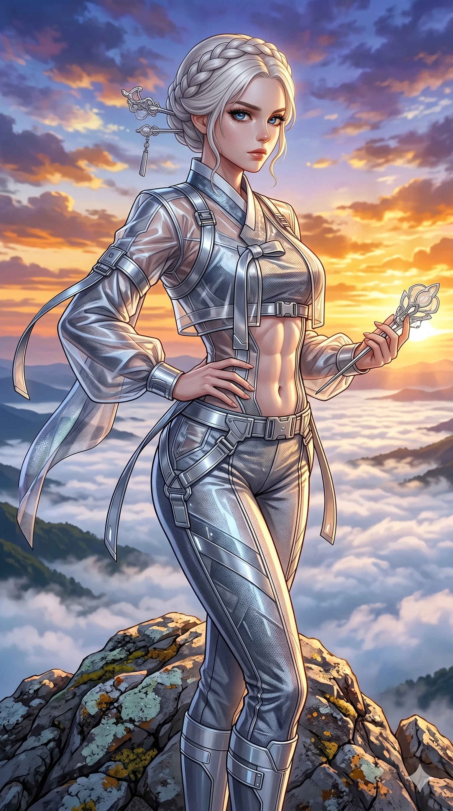 score_9, masterpiece, best quality, ultra-detailed, High-budget Anime Keyframe, beautiful Japanese anime girl. Upper body close-up from the thighs up, character filling the screen for maximum presence. Standing on a mountain peak as the sun rises over a vast valley of white mist. She has an absolutely perfect 8-heads proportion, an exceptionally tall and slender female figure with impossibly long slender legs and an ultra-slim waist. Sharp v-shaped jawline, high-bridge nose, intricate jewel-like eyes with depth, thick eyelashes, glossy lips with a natural sheen. Wearing a Modern Traditional outfit: tech-hanbok with transparent panels and metallic silver straps. Background is a bright and colorful sky with orange and gold clouds and a vast valley of white mist. 2k, ultra detail, master piece, 9:16 ratio