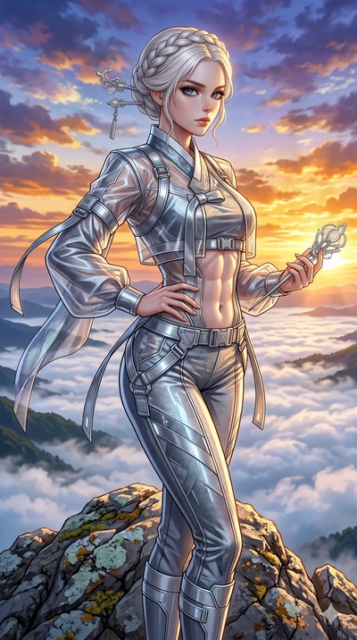 score_9, masterpiece, best quality, ultra-detailed, High-budget Anime Keyframe, beautiful Japanese anime girl. Upper body close-up from the thighs up, character filling the screen for maximum presence. Standing on a mountain peak as the sun rises ove