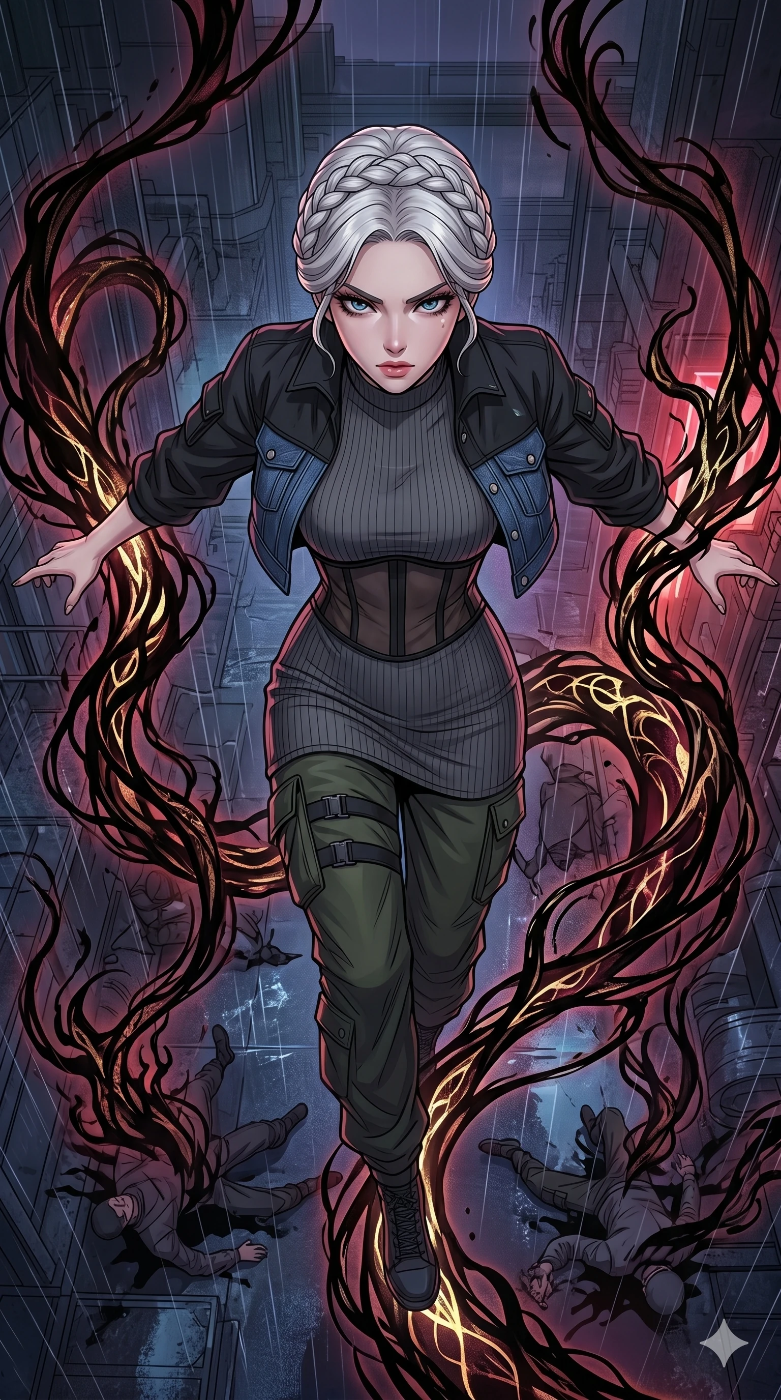 score_9, masterpiece, best quality, ultra-detailed, high-budget anime movie keyframe, cinematic anime lighting, intricate line art, Korean woman. Extreme high angle shot as she leaps towards the camera, filling the frame. manipulating the shadows of her enemies to turn against them. She has an absolutely perfect 8-heads proportion, an exceptionally tall and slender female figure with an ultra-slim waist and impossibly long slender legs. strictly human anatomy, two legs only, no extra limbs, clearly defined legs and arms, perfect anatomy, perfect hands and fingers. sharp v-shaped jawline, high-bridge nose, intricate jewel-like eyes, thick eyelashes, glossy lips. Wearing Urban Trendsetter: Ribbed bodycon dress, crop top with high-waist denim, and sheer corset with cargo pants. The scene is illuminated by dramatic atmospheric lighting and vibrant color palettes. , 2k, ultra detail, master piece, 9:16 ratio