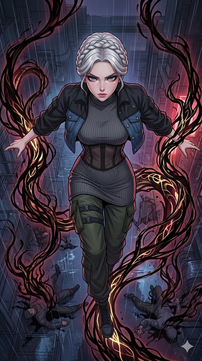 score_9, masterpiece, best quality, ultra-detailed, high-budget anime movie keyframe, cinematic anime lighting, intricate line art, Korean woman. Extreme high angle shot as she leaps towards the camera, filling the frame. manipulating the shadows of 