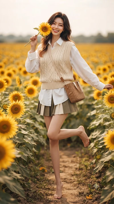 score_9, masterpiece, best quality, ultra-detailed, high-budget anime keyframe, editorial fashion photography, tasteful artistic composition, Korean woman. low angle full-body shot from head to toe showing her feet, filling the entire 9:16 vertical f