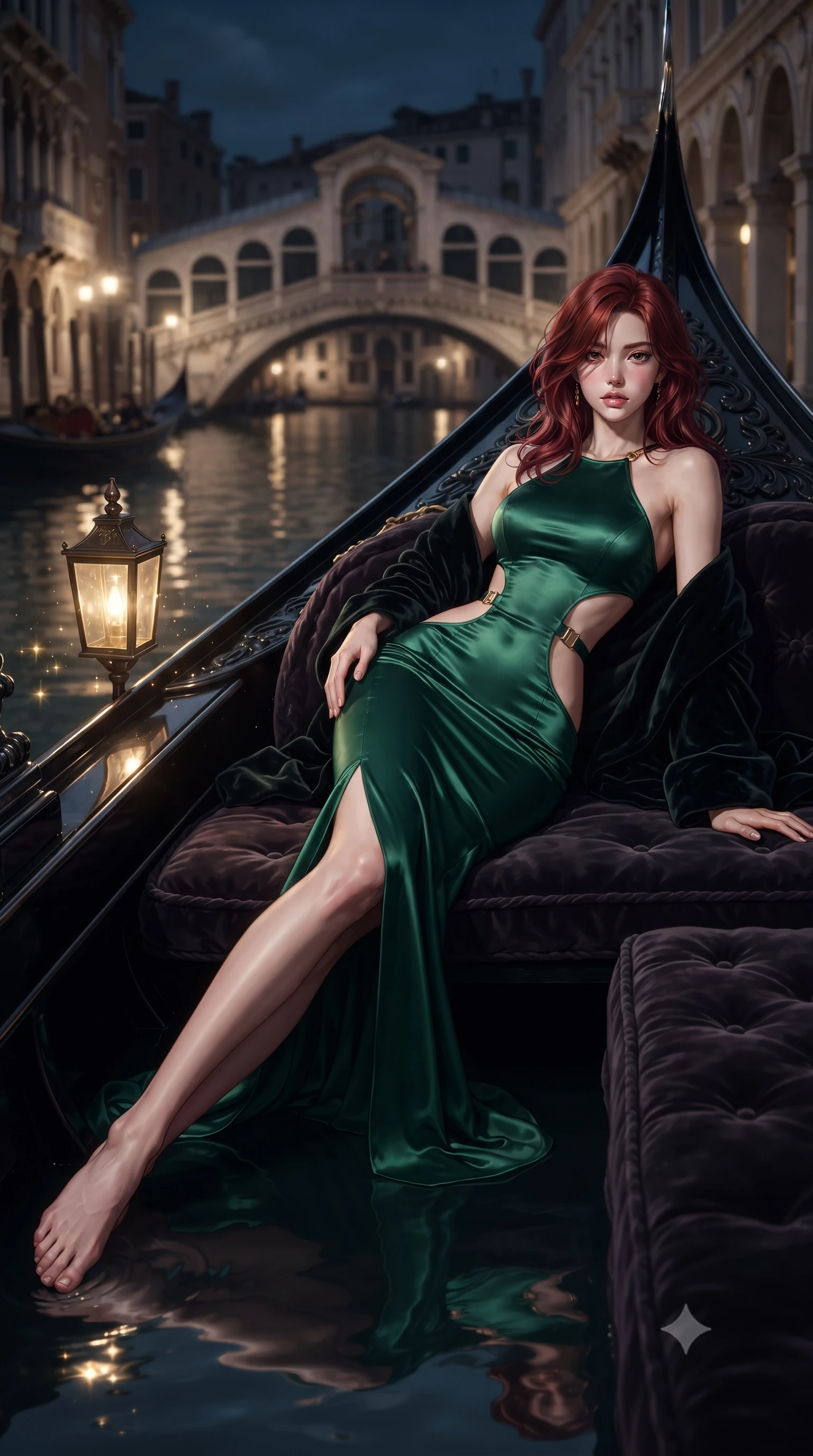 score_9, masterpiece, best quality, ultra-detailed, high-budget anime keyframe, editorial fashion photography, tasteful artistic composition, Korean woman. low angle full-body shot from head to toe showing her feet, filling the entire 9:16 vertical frame with her statuesque presence, stretching her vertical silhouette. leaning deep against the structural architecture with hips cocked in an unapologetically bold, seductive high-fashion stance while reclining on her side across the velvet cushions of a sleek black gondola, arching her lower back with one slender leg extended as moonlit canal ripples mirror her curvy hips. The composition keeps background elements in soft focus with creamy bokeh. gondola lantern reflections and water ripple sparkles scattering radiant golden light motes. She has an exceptionally tall and slender model-like 8.5-heads proportion, an ultra-slim waist, a flat toned midriff, narrow delicate ribcage, and beautifully sculpted feminine hips creating a graceful, slim hourglass silhouette without any bulky heaviness, with impossibly long slender legs. sharp v-shaped jawline, high-bridge nose, intricate jewel-like eyes with depth, thick eyelashes, glossy parted lips with a natural sheen, intensely captivating and seductive bedroom-eyes expression, flawlessly proportioned anatomical accuracy, strict slender model proportions, natural body alignment, perfectly sculpted long slender limbs, ultra-slim waistline, clean dynamic posture without body distortion. wearing a sculptured liquid-satin mermaid gown with an architectural open-waist cutout and bare spine in deep emerald green satin and gold hardware, tailored from ultra-smooth duchess satin with a pearlescent sheen, complemented by a plush velvet shawl draped loosely over her elbows, the precision-cut side openings and low-back scoop framing her graceful spine and the sensual sweep of her slim, toned hips. surrounded by an aristocratic, scandalous, and breathlessly captivating Venetian siren aura. ultra-reflective glossy finish, specular highlights, rich textural contrasts, high-contrast stereoscopic depth, volumetric dynamic lighting, 2k, ultra detail, master piece, 9:16 ratio
