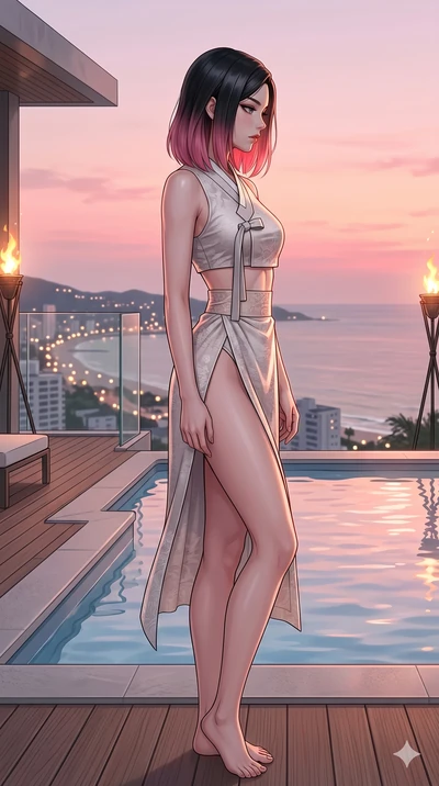 score_9, masterpiece, best quality, ultra-detailed, high-budget anime keyframe, editorial fashion photography, tasteful artistic composition, Korean woman. cowboy shot from the thighs up, character and outfit filling the frame for maximum editorial p