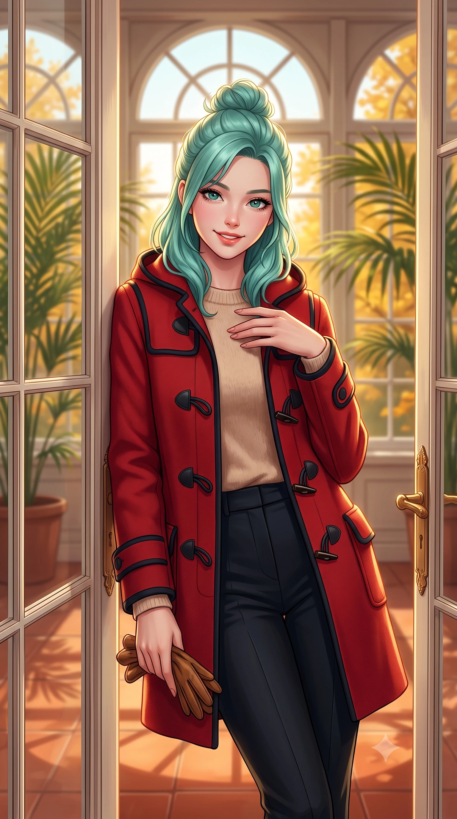 score_9, masterpiece, best quality, ultra-detailed, high-budget anime keyframe, semi-realistic 3D game render, editorial fashion photography, tasteful artistic composition, Japanese woman. close-up cowboy shot from the waist and thighs up, the character dominates the composition, filling the frame with her large presence. resting one hand gracefully on her tailored blazer lapel while looking into the camera with bright, sparkling eyes while leaning against the ornate French double doors looking out toward Kensington Gardens with a serene, captivating expression. The background shows a soft-focus arched multi-pane conservatory windows, lush potted palm fronds, and golden maple trees outside blurred into honey, terracotta, and olive bokeh. She has an exceptionally elegant, slender, and willowy female figure with an ultra-slim waist, flat toned midriff, narrow ribcage, and sculpted feminine hips creating an alluring, slim hourglass silhouette without bulk. sharp v-shaped jawline, high-bridge nose, intricate jewel-like sparkling eyes with depth, thick eyelashes, glossy parted lips with a natural peach sheen, bright cheerful beaming smile with an enchanting and coquettish sensual glint, exuding both youthful cute charm and seductive allure, flawlessly proportioned anatomical accuracy, strict slender model proportions, natural body alignment, perfectly sculpted long slender limbs, ultra-slim waistline, clean dynamic posture without body distortion. wearing a structured boiled-wool duffle coat with horn toggles over a soft alpaca sweater and tailored wool slacks in Kyoto autumn maple crimson and deep ink black, tailored from heavyweight double-faced wool with clean architectural edges, complemented by buttery leather gloves held delicately in one manicured hand, the expertly draped wool fabric falling in crisp fluid lines along her tall 8.5-heads silhouette, celebrating her slender frame without excess fabric bulk. illuminated by terracotta floor reflection fill and warm golden rim lights defining her delicate collar and willowy silhouette. highly saturated vibrant anime colors, detailed shading with soft gradients, rich glossy textures, high-contrast stereoscopic depth, volumetric dynamic lighting, master piece, 9:16 ratio