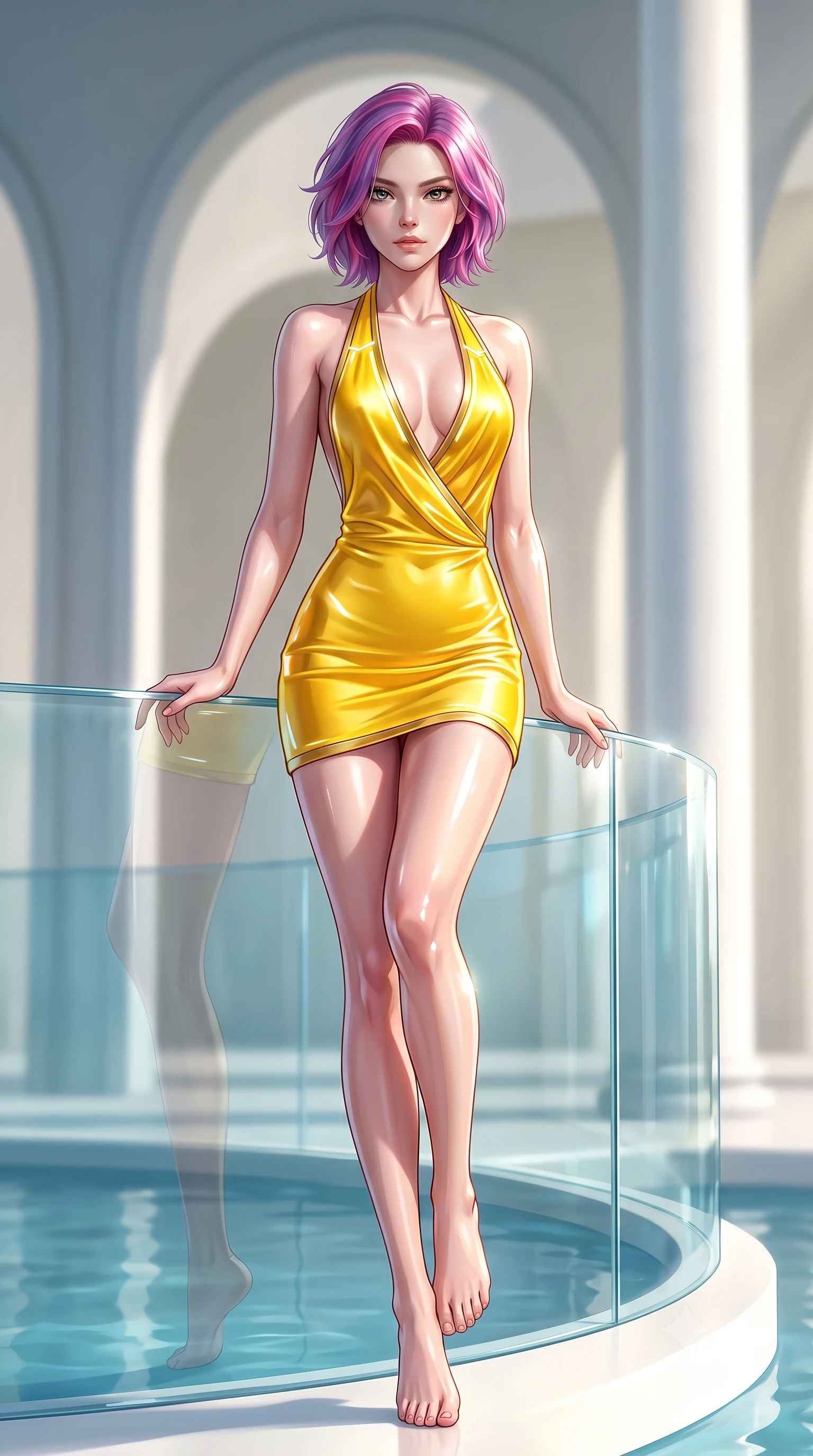 score_9, masterpiece, best quality, ultra-detailed, high-budget anime keyframe, semi-realistic 3D game render, editorial fashion photography, tasteful artistic composition, Caucasian woman. low angle full-body shot from head to toe showing her feet, filling the entire 9:16 vertical frame with her statuesque presence, stretching her vertical silhouette. performing an alluring mid-air vault with flawless poise, looking directly into the camera with smoldering intensity while leaning seductively against a curved crystal balustrade with sunlight reflecting off her glossy skin. The composition keeps background elements in soft focus with creamy bokeh. modern water pavilion arches and white minimalist columns softened by shallow depth of field. She has an absolutely perfect, statuesque 8.5-heads proportion, an exceptionally tall and slender model-like female figure with impossibly long slender legs, a toned flat midriff, and an ultra-slim waist. sharp v-shaped jawline, high-bridge nose, intricate jewel-like eyes with depth, thick eyelashes, glossy lips with a natural sheen, flawlessly proportioned anatomical accuracy, strict slender model proportions, natural body alignment, perfectly sculpted long slender limbs, ultra-slim waistline, clean dynamic posture without body distortion. wearing a form-contouring liquid satin halter-neck mini dress with a deep crossover cowl front, open back, and ultra-slender waist drape in vibrant sunburst canary yellow and gold trim, tailored from semi-translucent cybernetic vinyl with glowing micro-filaments, featuring a dangerously unzipped neckline framed by glowing cybernetic accents, the precision-cut daring openings accentuating her delicate midriff, graceful bare collarbones, and ultra-slim feminine waistline. illuminated by clear directional key light with brilliant specular highlights on glass and water. highly saturated vibrant anime colors, detailed shading with soft gradients, rich glossy textures, high-contrast stereoscopic depth, volumetric dynamic lighting, master piece, 9:16 ratio