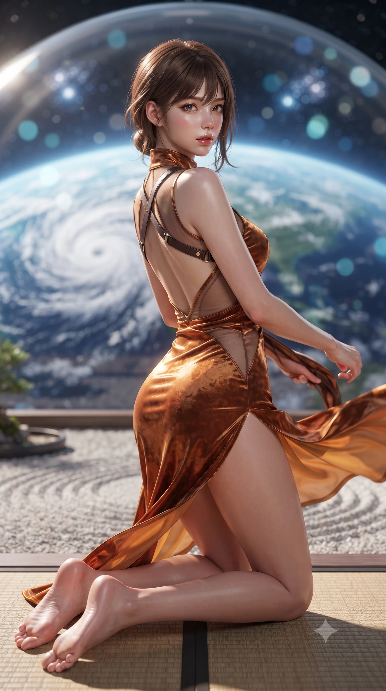 score_9, masterpiece, best quality, ultra-detailed, high-budget anime keyframe, editorial fashion photography, tasteful artistic composition, Korean woman. low angle full-body shot from head to toe showing her feet, filling the entire 9:16 vertical frame with her statuesque presence, stretching her vertical silhouette. executing an elegant mid-motion pivot turn as garments swirl around her slender limbs, glancing over her shoulder with an intoxicating bedroom-gaze while kneeling gracefully on a tatami mat at the edge of a weightless raked gravel zen garden, arching her spine as planet Earth rotates below the glass dome. The composition keeps background elements in soft focus with creamy bokeh. swirling white cloud typhoons on Earth and distant orbital star clusters blurred into ethereal sapphire, turquoise, and pearl bokeh. She has an exceptionally tall and slender model-like 8.5-heads proportion, an ultra-slim waist, a flat toned midriff, narrow delicate ribcage, and beautifully sculpted feminine hips creating a graceful, slim hourglass silhouette without any bulky heaviness, with impossibly long slender legs. sharp v-shaped jawline, high-bridge nose, intricate jewel-like eyes with depth, thick eyelashes, glossy parted lips with a natural sheen, intensely captivating and seductive bedroom-eyes expression, flawlessly proportioned anatomical accuracy, strict slender model proportions, natural body alignment, perfectly sculpted long slender limbs, ultra-slim waistline, clean dynamic posture without body distortion. wearing a wet-look silk fusion wrap dress with asymmetrical sheer mesh cutouts and high Mandarin collar in rich copper bronze and warm amber, crafted from heavyweight crushed silk velvet with liquid vintage luster, featuring an open-back criss-cross harness strap in dark leather, the form-contouring material adhering flawlessly to her sculpted flat midriff and slender torso, emphasizing her long leg lines and perfectly proportioned willowy build. illuminated by gentle directional sunlight sculpting her sculpted collarbones, ultra-slim waist, and curvy hips. ultra-reflective glossy finish, specular highlights, rich textural contrasts, high-contrast stereoscopic depth, volumetric dynamic lighting, 2k, ultra detail, master piece, 9:16 ratio