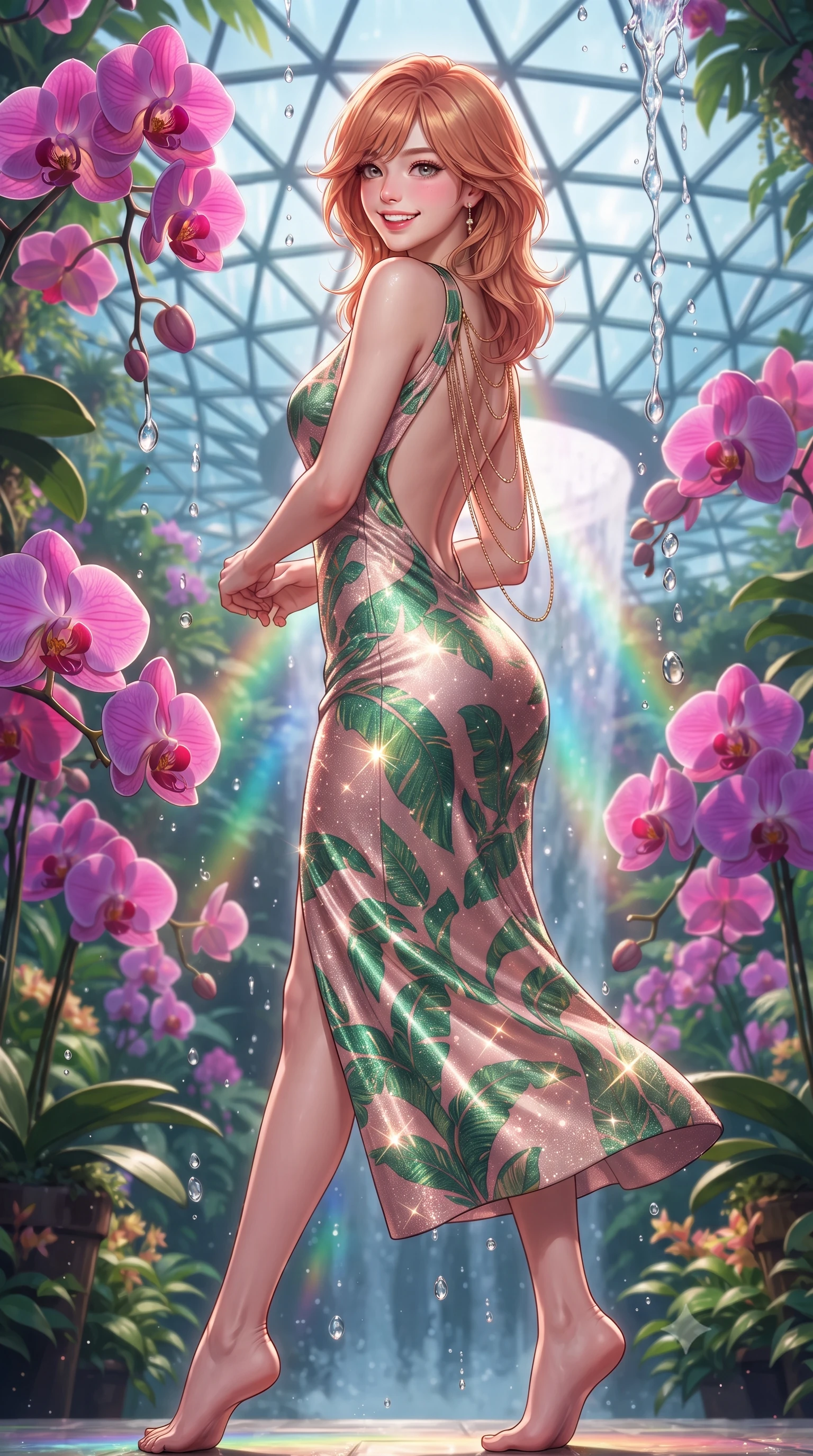 score_9, masterpiece, best quality, ultra-detailed, high-budget anime keyframe, editorial fashion photography, tasteful artistic composition, Korean woman. low angle full-body shot from head to toe showing her feet, filling the entire 9:16 vertical frame with her statuesque presence, stretching her vertical silhouette. executing a slow, graceful pivot turn as her skirt sways around her slender legs, glancing back with an enchanting, teasing sensual expression while twisting her slender torso in an alluring S-curve beside lush tropical orchid trees, rainbow light beams and waterfall droplets caressing her flat midriff. The surrounding environment is rendered in vivid detail and crisp panoramic clarity: sharp triangular diagrid glass dome framework, rushing water droplet streams in mid-air, and exotic orchid petal veins in deep focus. She has an exceptionally tall and slender model-like 8.5-heads proportion, an ultra-slim waist, a flat toned midriff, narrow delicate ribcage, and beautifully sculpted feminine hips creating a graceful, slim hourglass silhouette without any bulky heaviness, with impossibly long slender legs. sharp v-shaped jawline, high-bridge nose, intricate jewel-like sparkling eyes with depth, thick eyelashes, glossy parted lips with a natural peach sheen, bright cheerful beaming smile with an enchanting and coquettish sensual glint, exuding both youthful cute charm and seductive allure, flawlessly proportioned anatomical accuracy, strict slender model proportions, natural body alignment, perfectly sculpted long slender limbs, ultra-slim waistline, clean dynamic posture without body distortion. wearing a glove-like stretch modal tank dress adhering tightly to her flat midriff and feminine hips in Beverly Hills vintage banana-leaf emerald and blush pink, woven from stretch metallic lurex jersey casting radiant starlight glints across her curves, accented with an open-back drape framed by falling strands of delicate gold chains, the impeccably tailored cut draping gracefully along her slender figure with aristocratic poise. bathed in the dynamic multi-colored projection mapping of the waterfall vortex combined with soft warm botanical uplights. ultra-reflective glossy finish, specular highlights, rich textural contrasts, high-contrast stereoscopic depth, volumetric dynamic lighting, 2k, ultra detail, master piece, 9:16 ratio