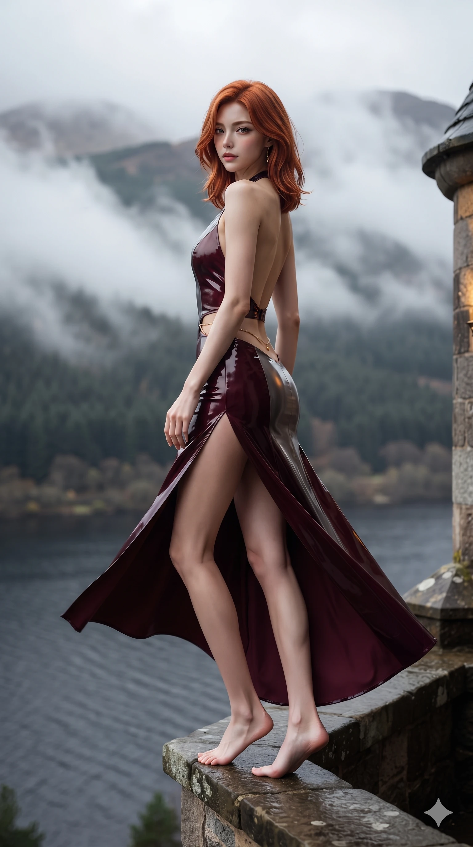 score_9, masterpiece, best quality, ultra-detailed, high-budget anime keyframe, editorial fashion photography, tasteful artistic composition, Korean woman. low angle full-body shot from head to toe showing her feet, filling the entire 9:16 vertical frame with her statuesque presence, stretching her vertical silhouette. executing a slow, graceful pivot turn as her skirt sways around her slender legs, glancing back with an enchanting, teasing sensual expression while standing perched on the narrow turret balcony edge with hips angled toward the camera, arching her back with high-fashion supermodel confidence above the loch. The composition keeps background elements in soft focus with creamy bokeh: swirling white mountain mist, distant pine forest slopes, and dark rippling loch water blurred into charcoal, pine-green, and misty pearl bokeh. She has an exceptionally tall and slender model-like 8.5-heads proportion, an ultra-slim waist, a flat toned midriff, narrow delicate ribcage, and beautifully sculpted feminine hips creating a graceful, slim hourglass silhouette without any bulky heaviness, with impossibly long slender legs. sharp v-shaped jawline, high-bridge nose, intricate jewel-like eyes with depth, thick eyelashes, glossy parted lips with a natural sheen, intensely captivating and seductive bedroom-eyes expression, flawlessly proportioned anatomical accuracy, strict slender model proportions, natural body alignment, perfectly sculpted long slender limbs, ultra-slim waistline, clean dynamic posture without body distortion. wearing a tailored silk halter dress with an open back and graceful side slit flowing to the floor in deep wine burgundy and brushed dark platinum, tailored from high-gloss patent leather with mirror-like specular highlights, accented with a dainty gold belly chain resting across her flat midriff and curving hips, the form-contouring silhouette accentuating her sculpted flat midriff, narrow delicate ribcage, and gracefully curvy hips with intoxicating allure. bathed in diffused cool 5500K highland daylight contrasted with warm golden accent highlights from castle interior torchères. ultra-reflective glossy finish, specular highlights, rich textural contrasts, high-contrast stereoscopic depth, volumetric dynamic lighting, 2k, ultra detail, master piece, 9:16 ratio