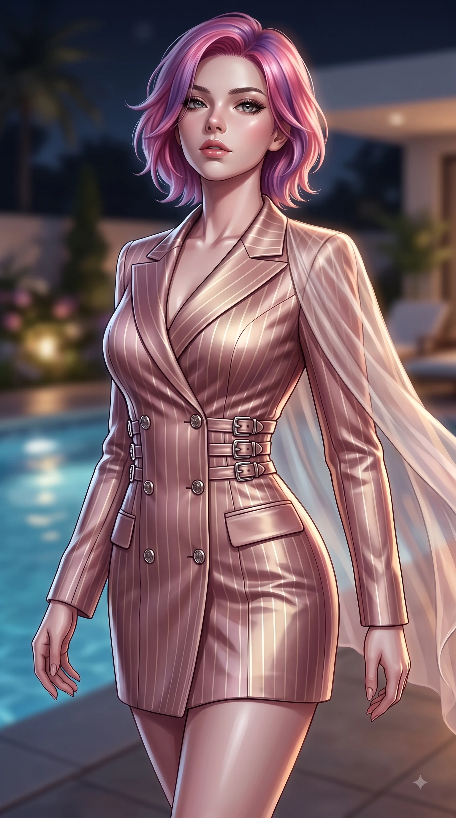 score_9, masterpiece, best quality, ultra-detailed, high-budget anime keyframe, editorial fashion photography, tasteful artistic composition, Caucasian woman. close-up cowboy shot from the waist and thighs up, the character dominates the composition, filling the frame with her large presence, background elements kept in soft focus. Tilting her chin up with composed magnetism as dramatic side lighting traces her sculpted waist and hip contour while stepping along a private pool terrace as gentle night breezes flutter her translucent gossamer gown, soft moonlight tracing her slender shoulder, graceful clavicle, and contoured waistline elegantly. She has an exceptionally elegant, slender, and willowy female figure with an ultra-slim waist, a gracefully sculpted slender torso, and a refined silhouette. sharp v-shaped jawline, high-bridge nose, intricate jewel-like eyes with depth, thick eyelashes, glossy lips with a natural sheen, flawlessly proportioned anatomical accuracy, natural body alignment, perfectly sculpted elegant limbs, clean dynamic posture without body distortion. wearing a double-breasted blazer dress with subtle metallic pin-stripes in dusty rose and champagne gold, crafted from lustrous satin jersey with fluid draping, detailed with polished silver buckles along the waistline, the tailored fabric tightly following every curve of her athletic build. bathed in warm luxury ambient lighting and soft silver moonlight tracing every curve. ultra-reflective glossy finish, specular highlights, metallic sheen, high-contrast stereoscopic depth, volumetric dynamic lighting, 2k, ultra detail, master piece, 9:16 ratio