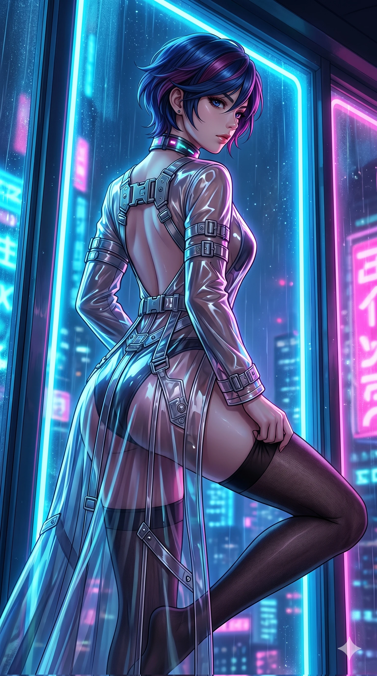 score_9, masterpiece, best quality, ultra-detailed, High-budget Anime Keyframe, East Asian woman. Low angle cowboy shot filling the entire 9:16 frame with her statuesque presence. Scenario 267: Adjusting her thigh-high stocking by a glowing neon window. Her presence is magnetic and overpowering in this high-budget anime scene. Outfit 267: A translucent PVC long with a backless design and metallic buckles. The clothing is designed to emphasize her exceptionally tall and slender 8-heads proportion. 8-heads proportion, towering silhouette, ultra-slim waist. sharp v-shaped jawline, intricate jewel-like eyes with depth, thick eyelashes, glossy lips. 2k, ultra detail, master piece, 9:16 ratio