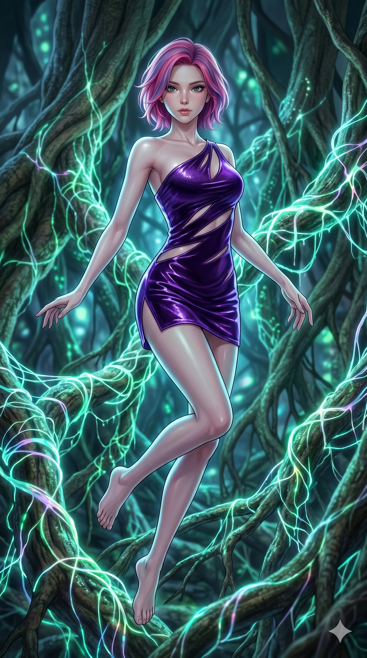 score_9, masterpiece, best quality, ultra-detailed, high-budget anime keyframe, Korean woman. upper body close-up from the thighs up, character filling the screen for maximum presence. jumping amidst giant ancient tree roots wrapped in trillions of glowing mycelium threads pulsing with emerald and opal light. She has an absolutely perfect 8-heads proportion, an exceptionally tall and slender female figure with impossibly long slender legs and an ultra-slim waist. V-shaped jawline, high-bridge nose, intricate jewel-like eyes with depth, thick eyelashes, glossy lips with a natural sheen.. wearing an asymmetric liquid velvet slip dress, featuring a wet-look deep purple velvet one-shoulder mini slip with slanted slashed cutouts. lit by a soft glowing ambient light and a sharp side key light that traces the sleek contours of her athletic build. 2k, ultra detail, master piece, 9:16 ratio