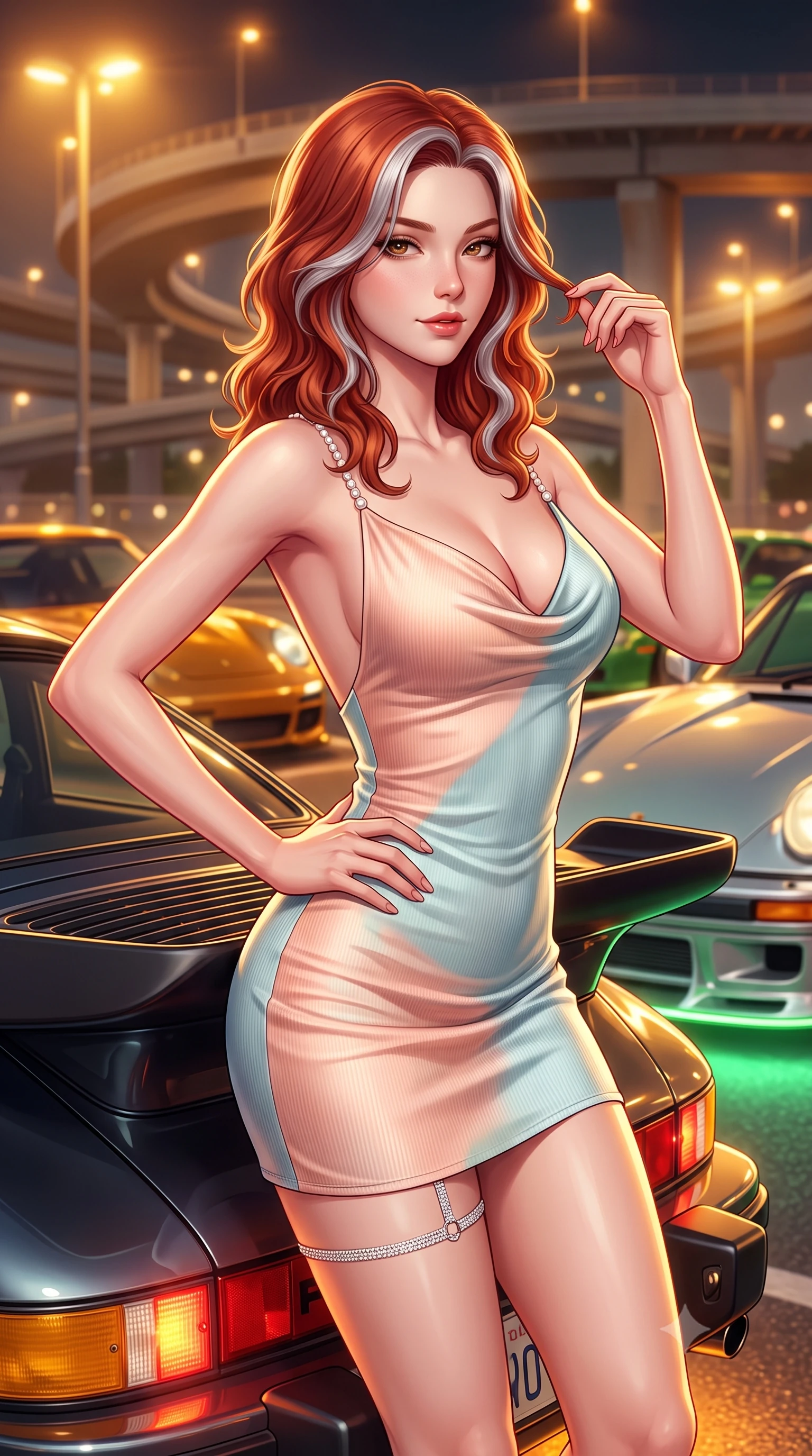 score_9, masterpiece, best quality, ultra-detailed, high-budget anime keyframe, semi-realistic 3D game render, editorial fashion photography, tasteful artistic composition, Caucasian woman. close-up cowboy shot from the waist and thighs up, the character dominates the composition, filling the frame with her large presence. twisting her slender torso in an alluring contrapposto stance, one hand resting on her sculpted hip while her fingers toy with her hair with effortless poise while leaning against the sleek rear spoiler of a customized vintage sports car with hips cocked back, casting a daring bedroom-gaze. The background shows a soft-focus gleaming sports car hoods, spiral overpass expressway ramps, and sodium parking lamps blurred into molten amber, neon green, and silver bokeh. She has an exceptionally elegant, slender, and willowy female figure with an ultra-slim waist, flat toned midriff, narrow ribcage, and sculpted feminine hips creating an alluring, slim hourglass silhouette without bulk. sharp v-shaped jawline, high-bridge nose, sparkling eyes with hypnotic seductive depth, thick curled eyelashes, glossy parted lips with a natural dewy peach sheen, alluring bedroom-eyes with an enchanting coquettish smile, exuding magnetic siren charisma and sophisticated glamour, flawlessly proportioned anatomical accuracy, strict slender model proportions, natural body alignment, perfectly sculpted long slender limbs, ultra-slim waistline, clean dynamic posture without body distortion. wearing a low-cut draped cowl-back satin slip mini dress with dainty pearl spaghetti straps in pastel peach blossom and celadon porcelain blue, tailored from fine ribbed modal knit with gentle elastic contouring and soft hand-feel, accented with a delicate crystal-encrusted thigh garter strap glinting under the lights, the liquid-tight tailored fabric clinging flawlessly to her narrow waist and rounded feminine hips, emphasizing every millimeter of her sculpted slim hourglass curves without any bulky heaviness. bathed in warm industrial sodium-vapor parking floodlights mixed with vibrant car neon underglow. highly saturated vibrant anime colors, detailed shading with soft gradients, rich glossy textures, high-contrast stereoscopic depth, volumetric dynamic lighting, master piece, 9:16 ratio