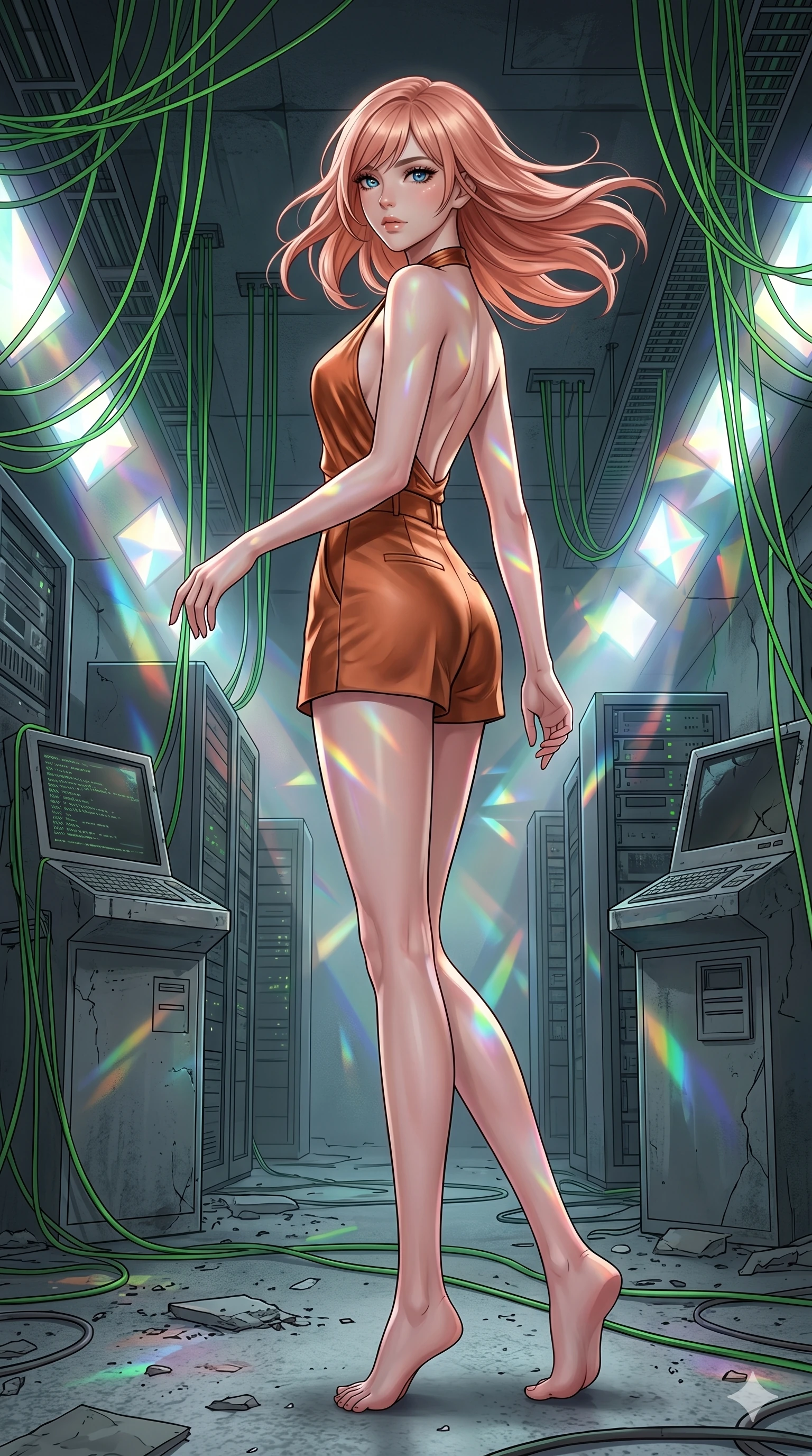 score_9, masterpiece, best quality, ultra-detailed, high-budget anime keyframe, editorial fashion photography, tasteful artistic composition, Japanese woman. low angle full-body shot from head to toe showing her feet, filling the entire 9:16 vertical frame with her statuesque presence, stretching her vertical silhouette. Pivoting sharply mid-step with hair sweeping dramatically behind inside an abandoned cybernetic server vault where neon-green wires drape like willow branches. She has an absolutely perfect 8-heads proportion, an exceptionally tall and slender female figure with impossibly long slender legs and an ultra-slim waist. V-shaped jawline, high-bridge nose, intricate jewel-like eyes with depth, thick eyelashes, glossy lips with a natural sheen. wearing a halter-neck top in liquid copper fabric with an open-back design, paired with matching high-waist tailored shorts that elongate her slender silhouette. lit by mirror-reflected prismatic spotlights creating geometric light patterns that play across her body. 2k, ultra detail, master piece, 9:16 ratio