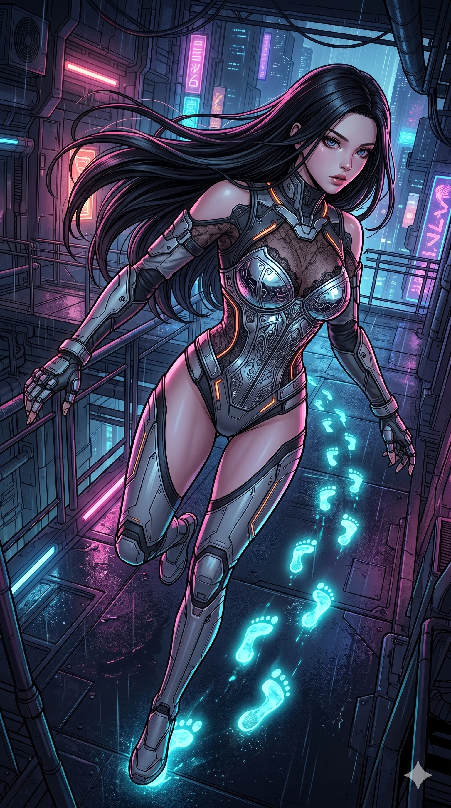 score_9, masterpiece, best quality, ultra-detailed, high-budget anime movie keyframe, cinematic anime lighting, intricate line art, Japanese woman. Extreme high angle shot as she leaps towards the camera, filling the frame. looking back at her own footprints which are glowing in the dark. She has an absolutely perfect 8-heads proportion, an exceptionally tall and slender female figure with an ultra-slim waist and impossibly long slender legs. strictly human anatomy, two legs only, no extra limbs, clearly defined legs and arms, perfect anatomy, perfect hands and fingers. sharp v-shaped jawline, high-bridge nose, intricate jewel-like eyes, thick eyelashes, glossy lips. Wearing Cyber-Tech Legacy: Asymmetrical high-cut tech-bodysuit with detached sleeves and chrome-plated corset over sheer lace. The scene is illuminated by dramatic atmospheric lighting and vibrant color palettes. , 2k, ultra detail, master piece, 9:16 ratio