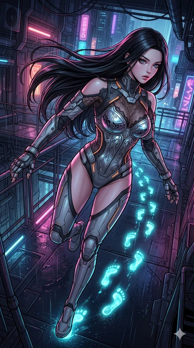score_9, masterpiece, best quality, ultra-detailed, high-budget anime movie keyframe, cinematic anime lighting, intricate line art, Japanese woman. Extreme high angle shot as she leaps towards the camera, filling the frame. looking back at her own fo