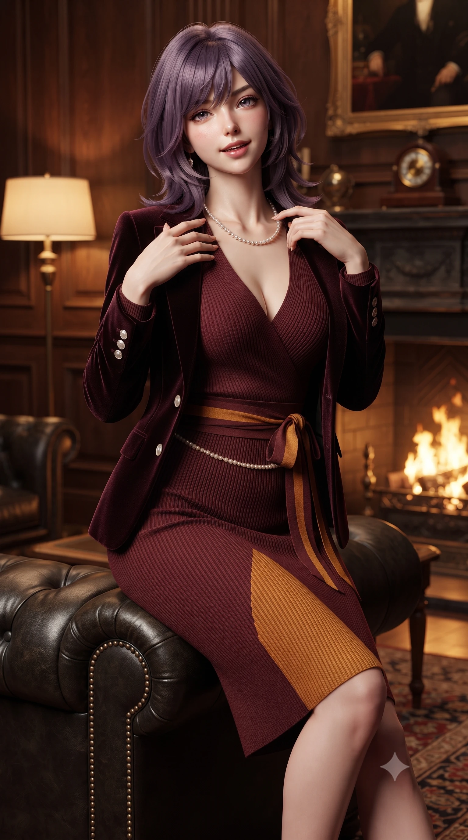 score_9, masterpiece, best quality, ultra-detailed, high-budget anime keyframe, editorial fashion photography, tasteful artistic composition, Japanese woman. close-up cowboy shot from the waist and thighs up, the character dominates the composition, filling the frame with her large presence. tilting her chin up with a teasing half-smile, running one manicured hand lightly along her lapel with effortless magnetic allure while perched sideways on the arm of the leather sofa, one hand toyed playfully with her pearl necklace as she glances toward the viewer. The surrounding environment is rendered in vivid detail and crisp panoramic clarity: detailed tailored velvet collar blazer weave, mother-of-pearl button sheen, and aristocratic London club craftsmanship in razor-sharp precision. She has an exceptionally elegant, slender, and willowy female figure with an ultra-slim waist, flat toned midriff, narrow ribcage, and sculpted feminine hips creating an alluring, slim hourglass silhouette without bulk. sharp v-shaped jawline, high-bridge nose, intricate jewel-like sparkling eyes with depth, thick eyelashes, glossy parted lips with a natural peach sheen, bright cheerful beaming smile with an enchanting and coquettish sensual glint, exuding both youthful cute charm and seductive allure, flawlessly proportioned anatomical accuracy, strict slender model proportions, natural body alignment, perfectly sculpted long slender limbs, ultra-slim waistline, clean dynamic posture without body distortion. wearing a form-fitting ribbed silk-cashmere wrap dress with a cinched sash belt framing her feminine hourglass proportions in rich Oxford burgundy and golden amber, woven from fine elastic rib-knit fabric tracing every millimeter of her slender torso, accented with a dainty pearl waist chain catching the ambient sunlight across her sculpted waistline, the glove-like clinging cut tightly following the natural contour of her hips and long slender legs with youthful 8.5-heads elegance. bathed in the rich, dancing warm 2400K hearth glow from the roaring fireplace mixed with soft brass floor lamp pools. ultra-reflective glossy finish, specular highlights, rich textural contrasts, high-contrast stereoscopic depth, volumetric dynamic lighting, 2k, ultra detail, master piece, 9:16 ratio