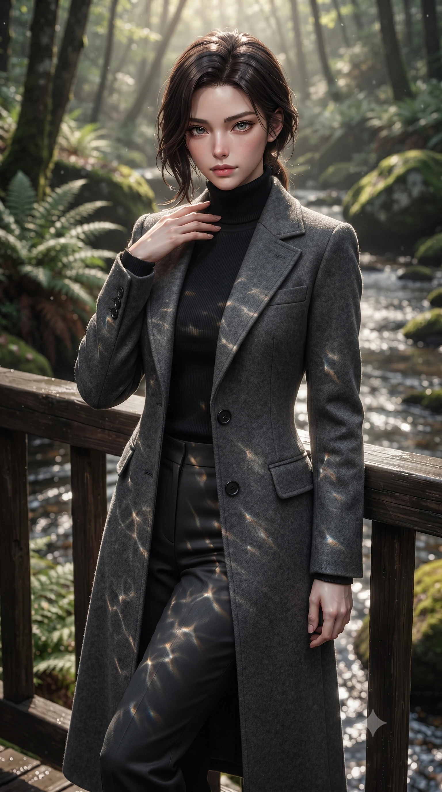 score_9, masterpiece, best quality, ultra-detailed, high-budget anime keyframe, editorial fashion photography, tasteful artistic composition, Korean woman. close-up cowboy shot from the waist and thighs up, the character dominates the composition, filling the frame with her large presence, background elements kept in soft focus. standing with one hand resting on her collarbone, looking at the viewer with bedroom-eyes the background shows a soft-focus a secluded forest stream cabin porch next to wild ferns and mossy boulders. She has an exceptionally elegant, slender, and willowy female figure with an ultra-slim waist, a gracefully sculpted slender torso, and a refined silhouette. sharp v-shaped jawline, high-bridge nose, intricate jewel-like eyes with depth, thick eyelashes, glossy lips with a natural sheen. wearing a slim-fit tailored wool trench coat in charcoal grey, worn closed over a black cashmere turtleneck and trousers. dappled sunbeams reflecting off moving water onto her form. ultra-reflective glossy finish, specular highlights, metallic sheen, high-contrast stereoscopic depth, volumetric dynamic lighting, 2k, ultra detail, master piece, 9:16 ratio