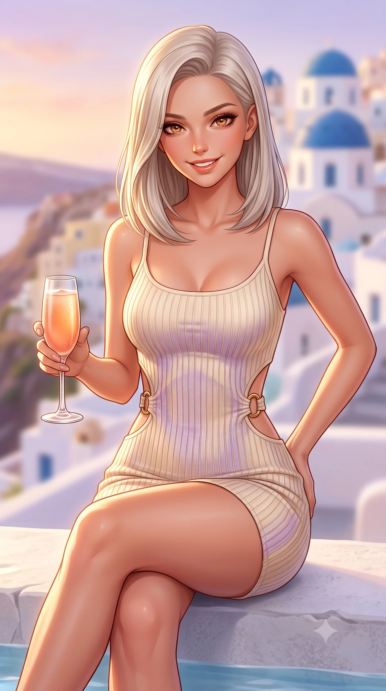 score_9, masterpiece, best quality, ultra-detailed, high-budget anime keyframe, semi-realistic 3D game render, editorial fashion photography, tasteful artistic composition, Caucasian woman. close-up cowboy shot from the waist and thighs up, the character dominates the composition, filling the frame with her large presence. resting both hands lightly behind her back while leaning toward the lens with a cheerful, teasing grin, her form-fitting outfit hugging her narrow waist and feminine hip curve while resting on the whitewashed pool ledge with legs crossed, holding an iced bellini while casting a teasing, confident gaze into the camera. The composition keeps background elements in soft focus with dreamy creamy bokeh. cascading whitewashed cliffside cave houses and distant blue church domes blurred into pastel peach, lavender, and champagne bokeh. She has an exceptionally elegant, slender, and willowy female figure with an ultra-slim waist, flat toned midriff, narrow ribcage, and sculpted feminine hips creating an alluring, slim hourglass silhouette without bulk. sharp v-shaped jawline, high-bridge nose, sparkling amber-hazel eyes with depth, long lush eyelashes, glossy sun-kissed lips with a warm coral glaze, radiant teasing smile with sensual sunlit bedroom-eyes, exuding effortless old-money elegance and intoxicating sun-drenched allure, flawlessly proportioned anatomical accuracy, strict slender model proportions, natural body alignment, perfectly sculpted long slender limbs, ultra-slim waistline, clean dynamic posture without body distortion. wearing a second-skin stretch ribbed camisole dress in warm vanilla cream clinging to her athletic hips and flat midriff in soft lavender violet and champagne shimmer, made of liquid-tight stretch jersey emphasizing every curve of her body, accented with sculptural gold ring hardware framing the subtle side cutouts, the high-waisted tailoring accentuating her ultra-slim waistline and the enchanting curve of her feminine hips with alluring sunlit charm. illuminated by white plaster wall bounce fill and sharp sunset rim lights accentuating her sculpted midriff, narrow waist, and curvy hips. highly saturated vibrant anime colors, detailed shading with soft gradients, rich glossy textures, high-contrast stereoscopic depth, volumetric dynamic lighting, master piece, 9:16 ratio