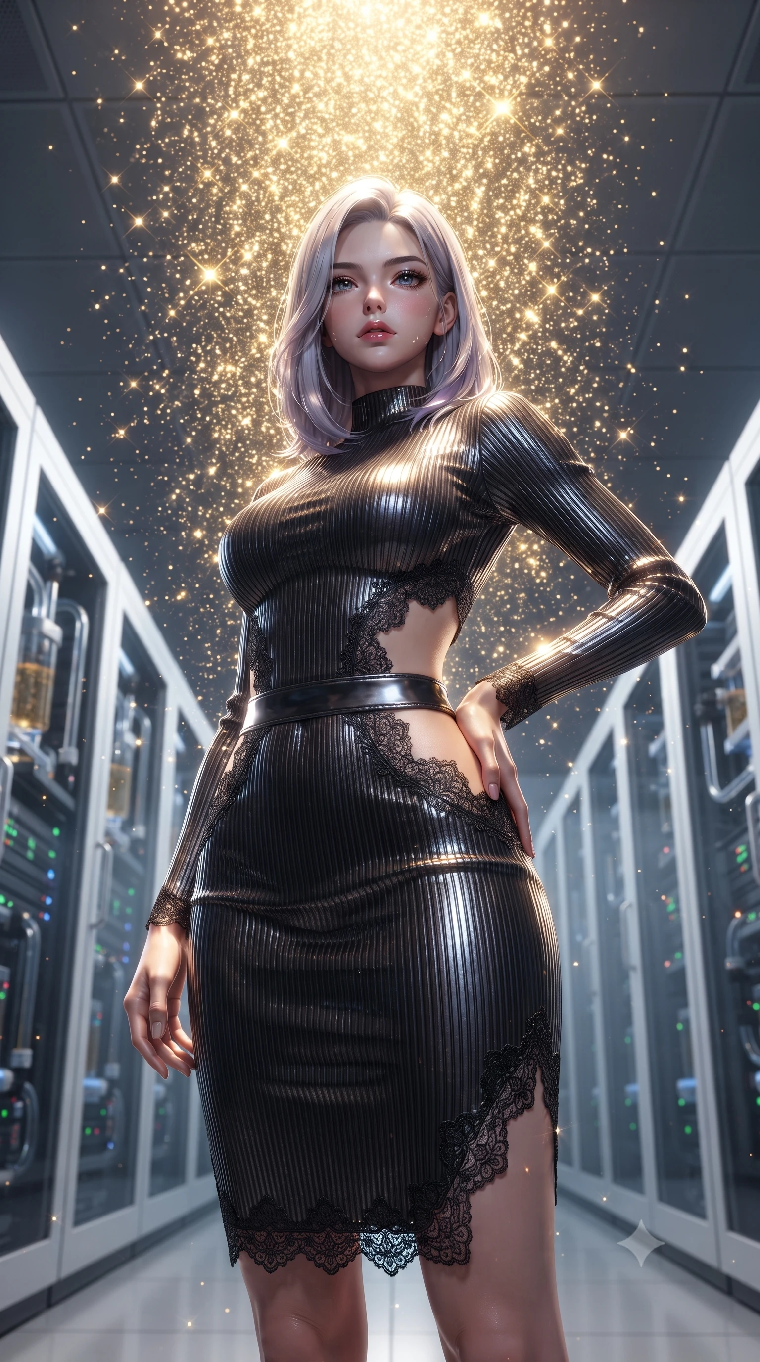 score_9, masterpiece, best quality, ultra-detailed, High-budget Anime Keyframe, editorial fashion photography, tasteful artistic composition, realistic cosplay photography, Caucasian woman, strictly human ears. Low angle cowboy shot filling the entire 9:16 frame with her statuesque presence. Scenario 335: showering under a cascade of glittering gold stardust inside a high-tech laboratory with rows of water-cooled server racks. Her presence is magnetic and overpowering in this high-budget cinematic scene. Outfit 335: a tailored ribbed bodycon knit second with a strategic side cut-outs and delicate lace embroidery. The clothing is designed to emphasize her exceptionally tall and slender 8-heads proportion. 8-heads proportion, towering silhouette, ultra-slim waist. sharp v-shaped jawline, intricate jewel-like eyes with depth, thick eyelashes, glossy lips. ultra-reflective glossy finish, specular highlights, metallic sheen, high-contrast stereoscopic depth, volumetric dynamic lighting, 2k, ultra detail, master piece, 9:16 ratio