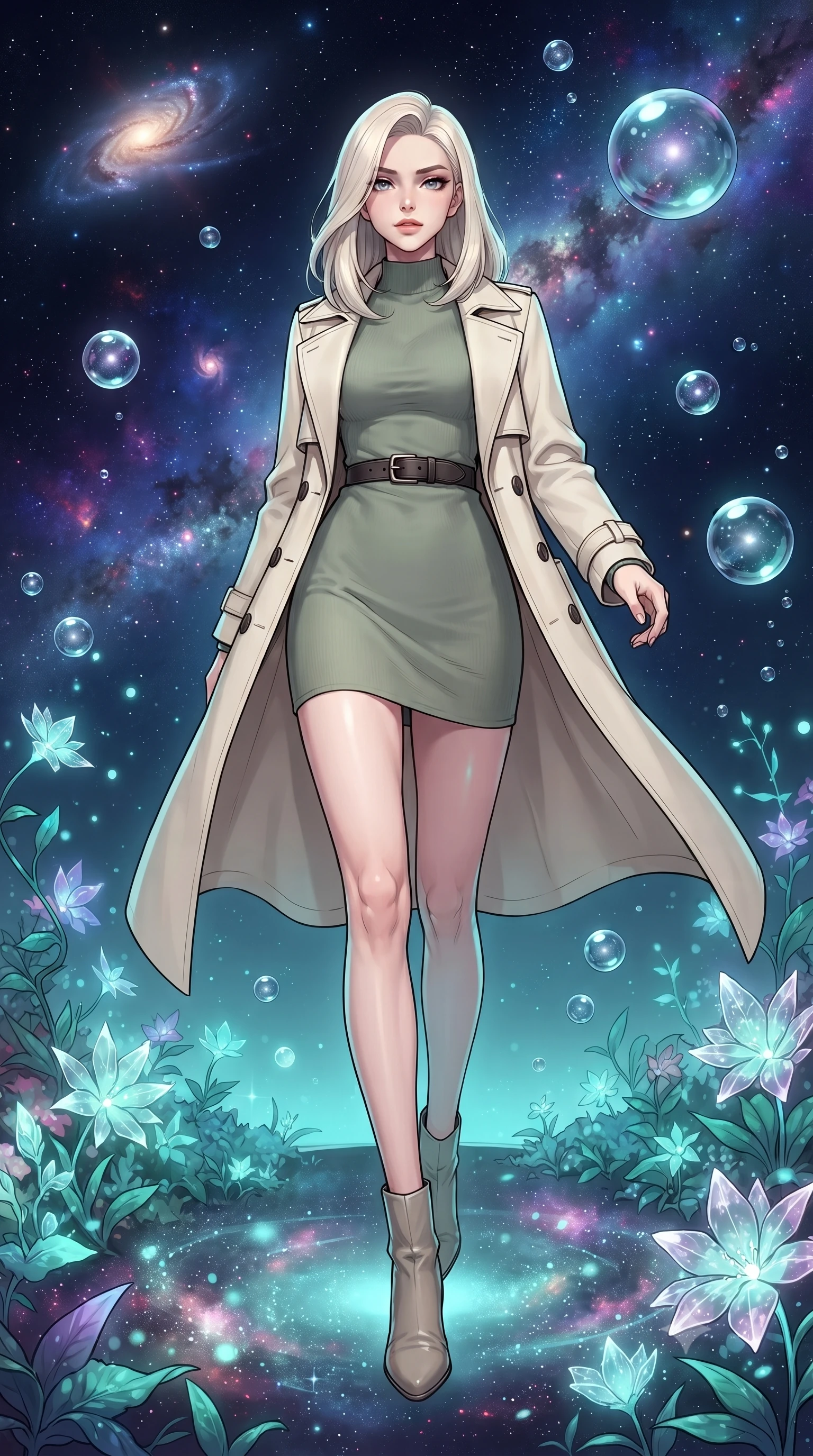 score_9, masterpiece, best quality, ultra-detailed, high-budget anime keyframe, gorgeous anime illustration, with clean line-art, distinct ink outlines, and high-contrast stereoscopic depth, Caucasian woman, strictly human ears. low angle full-body shot from head to toe showing her feet, filling the entire 9:16 vertical frame with her statuesque presence, stretching her vertical silhouette. stepping elegantly through inside a botanical dome floating in deep space where constellations grow as luminescent crystal flowers, glowing nebula dust acting as soil, and floating water spheres reflecting distant supernovas. She has a statuesque 8.5-heads proportion, an exceptionally tall, slender and willowy model-like build with impossibly long legs and a highly sculpted ultra-slim waist. sharp v-shaped jawline, high-bridge nose, intricate jewel-like eyes with depth, thick eyelashes, glossy lips with a natural sheen. wearing a modern cream trench coat layered over a sage green mock-neck cashmere dress, cinched with a dark leather belt. soft aqua bioluminescent light making her skin luminously glow against darkness. 2k, ultra detail, master piece, 9:16 ratio, highly saturated vibrant anime colors, detailed cel-shading with soft gradients, rich glossy textures, deep contrast, volumetric dynamic lighting, 2d animation style