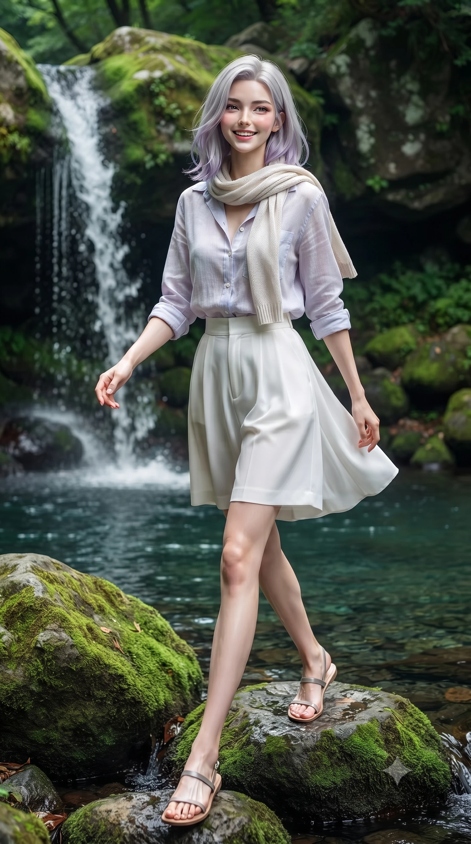 score_9, masterpiece, best quality, ultra-detailed, high-budget anime keyframe, editorial fashion photography, tasteful artistic composition, Caucasian woman. low angle full-body shot from head to toe showing her feet, filling the entire 9:16 vertical frame with her statuesque presence, stretching her vertical silhouette. stepping forward gracefully in mid-motion with a delighted cute laugh, displaying her tall slender model proportions while resting gracefully on an emerald moss-covered boulder by a tranquil natural pool, smiling warmly at the viewer. The surrounding environment is rendered in vivid detail and crisp panoramic clarity. sharp cascading waterfall droplets, velvet moss textures on river stones, and clear pool caustics in deep focus. She has an absolutely perfect, statuesque 8.5-heads proportion, an exceptionally tall and slender model-like female figure with impossibly long slender legs, a toned flat midriff, and an ultra-slim waist. sharp v-shaped jawline, high-bridge nose, intricate jewel-like eyes with depth, thick eyelashes, glossy lips with a natural sheen, pure and lovely fresh girlhood expression, flawlessly proportioned anatomical accuracy, strict slender model proportions, natural body alignment, perfectly sculpted long slender limbs, ultra-slim waistline, clean dynamic posture without body distortion. wearing a lightweight pastel linen button-down shirt paired with tailored high-rise white Bermuda shorts in muted olive green and ivory cotton, made of fine lightweight chiffon with a soft fluid drape, finished with a lightweight knitted scarf draped loosely around her neck, the soft airy drape swaying gracefully with her dynamic movements, emphasizing her tall willowy build and slim waistline. illuminated by soft emerald forest bounce light accentuating her natural beauty and lovely outfit. ultra-reflective glossy finish, specular highlights, rich natural textures, high-contrast stereoscopic depth, volumetric dynamic lighting, 2k, ultra detail, master piece, 9:16 ratio