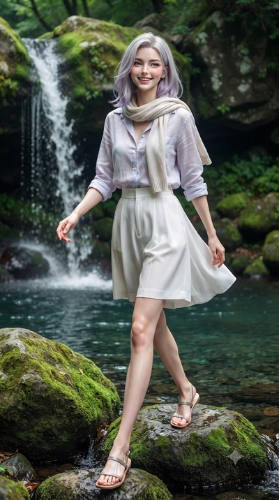 score_9, masterpiece, best quality, ultra-detailed, high-budget anime keyframe, editorial fashion photography, tasteful artistic composition, Caucasian woman. low angle full-body shot from head to toe showing her feet, filling the entire 9:16 vertica