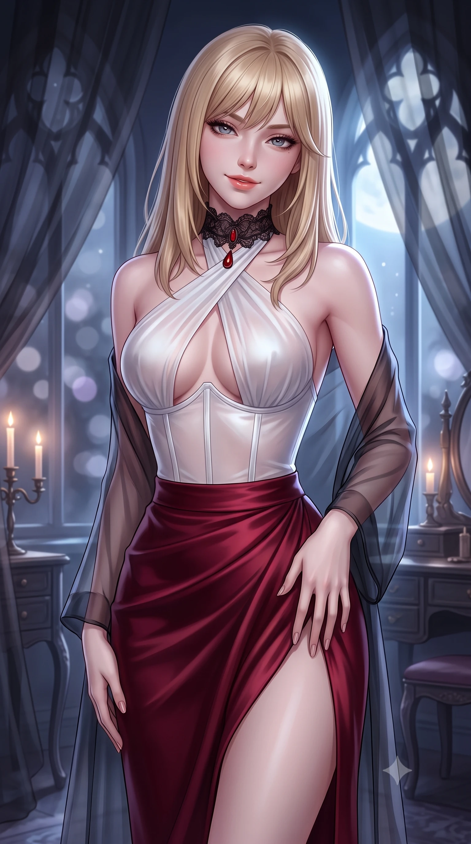 score_9, masterpiece, best quality, ultra-detailed, high-budget anime keyframe, semi-realistic 3D game render, editorial fashion photography, tasteful artistic composition, Japanese woman. close-up cowboy shot from the waist and thighs up, the character dominates the composition, filling the frame with her large presence. tilting her head with a teasing half-smile, running one hand slowly down the side of her hip in a flirtatious S-curve as ambient light caresses her silhouette while twisting her slender torso in an alluring S-curve while adjusting a sheer robe, silver moonlight pouring through pointed-arch windows. The background shows a soft-focus floating sheer black organza canopy curtains, antique gothic vanities, and moonlight blurred into charcoal, lavender, and silver bokeh. She has an exceptionally elegant, slender, and willowy female figure with an ultra-slim waist, flat toned midriff, narrow ribcage, and sculpted feminine hips creating an alluring, slim hourglass silhouette without bulk. sharp v-shaped jawline, high-bridge nose, sparkling eyes with hypnotic seductive depth, thick curled eyelashes, glossy parted lips with a natural dewy peach sheen, alluring bedroom-eyes with an enchanting coquettish smile, exuding magnetic siren charisma and sophisticated glamour, flawlessly proportioned anatomical accuracy, strict slender model proportions, natural body alignment, perfectly sculpted long slender limbs, ultra-slim waistline, clean dynamic posture without body distortion. wearing a high-waisted dark crimson satin wrap sarong skirt with hip-high slit paired with a plunging criss-cross halter corset in pure pearl alabaster with liquid platinum sheen, made of sheer gossamer chiffon that drapes softly against skin with airy translucence, accented with an ornate black lace Victorian choker featuring a single blood-red teardrop garnet, the glove-like clinging cut tightly following the natural contour of her hips and long slender legs with youthful 8.5-heads elegance. bathed in cool moonlight streaming through tall gothic windows mixed with soft bedside candelabra warmth. highly saturated vibrant anime colors, detailed shading with soft gradients, rich glossy textures, high-contrast stereoscopic depth, volumetric dynamic lighting, master piece, 9:16 ratio