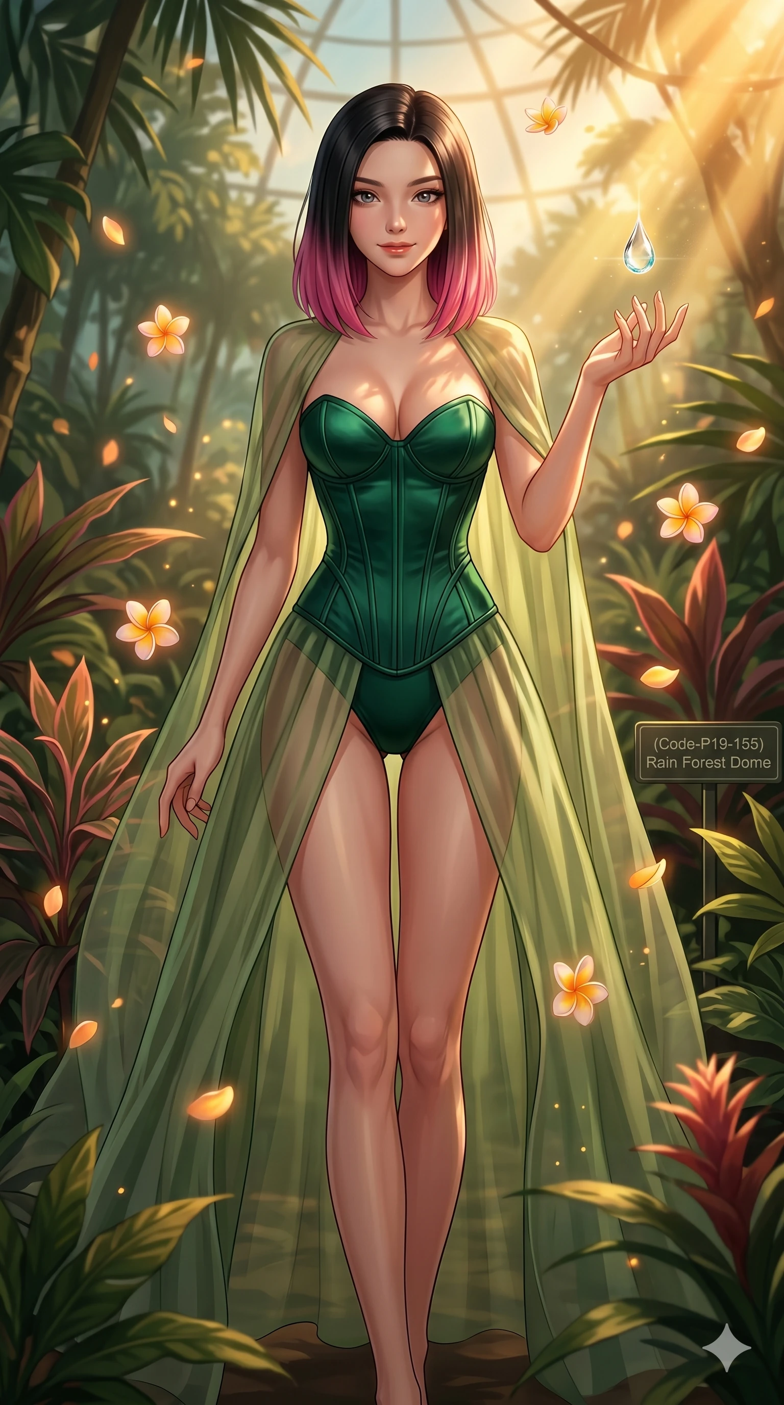 score_9, masterpiece, best quality, ultra-detailed, high-budget anime keyframe, editorial fashion photography, tasteful artistic composition, Korean woman. cowboy shot from the thighs up, character and outfit filling the frame for maximum editorial presence. reaching a hand toward a water droplet, looking at the camera with a smile in a tropical rainforest dome where plumeria petals glow in sunbeams (Code-P19-155). She has an absolutely perfect 8-heads proportion, an exceptionally tall and slender female figure with impossibly long slender legs and an ultra-slim waist. V-shaped jawline, high-bridge nose, intricate jewel-like eyes with depth, thick eyelashes, glossy lips with a natural sheen. wearing a structured satin corset showing her cleavage and a sheer cape on the beach. warm amber sunset casting dancing shadows and a soft golden glow over her features. 2k, ultra detail, master piece, 9:16 ratio
