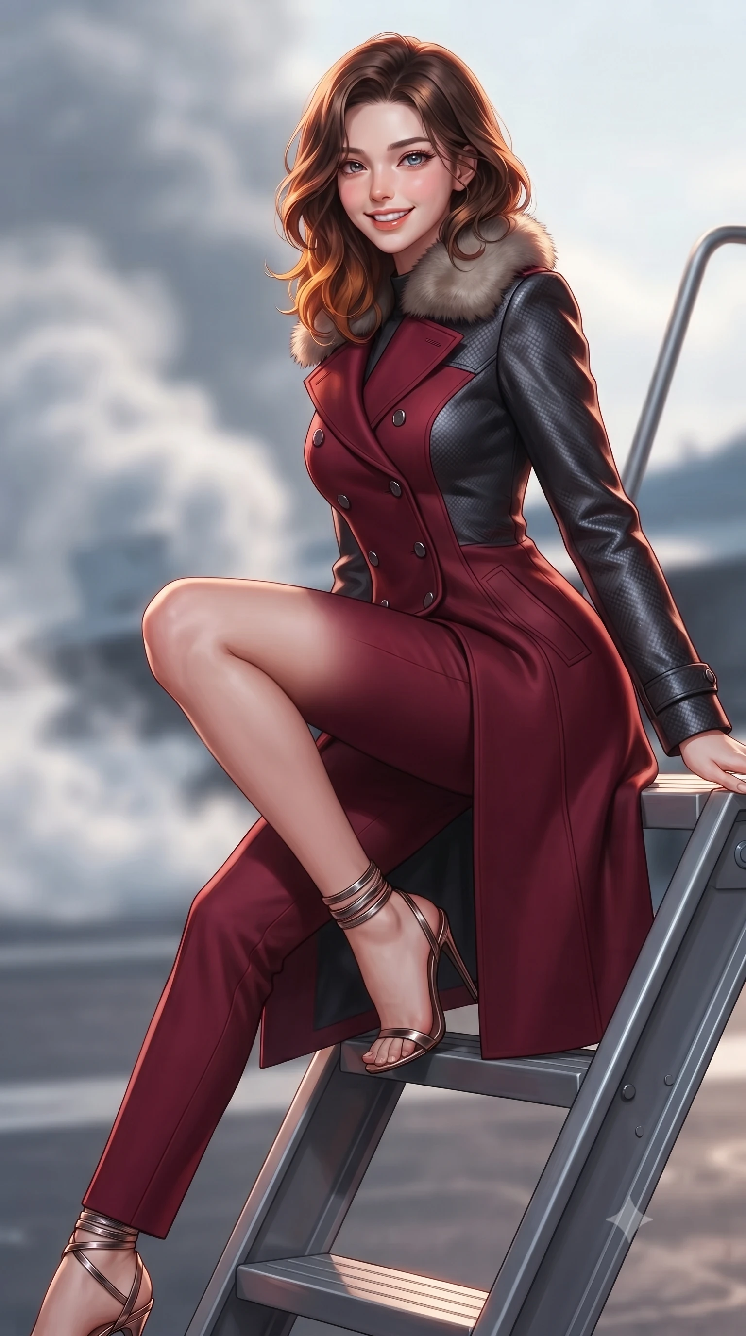 score_9, masterpiece, best quality, ultra-detailed, high-budget anime keyframe, editorial fashion photography, tasteful artistic composition, Korean woman. close-up cowboy shot from the waist and thighs up, the character dominates the composition, filling the frame with her large presence. perched sideways on the lounge seat, one knee drawn up to showcase her slender leg line while her arched back accentuates her feminine hip curve while sitting poised on the elevated titanium gantry step with one knee bent, arching her back with confident combat poise and parted glossy lips. The background shows a soft-focus swirling thermal exhaust vapor softened in carrier flight deck shallow focus. She has an exceptionally elegant, slender, and willowy female figure with an ultra-slim waist, flat toned midriff, narrow ribcage, and sculpted feminine hips creating an alluring, slim hourglass silhouette without bulk. sharp v-shaped jawline, high-bridge nose, intricate jewel-like sparkling eyes with depth, thick eyelashes, glossy parted lips with a natural peach sheen, bright cheerful beaming smile with an enchanting and coquettish sensual glint, exuding both youthful cute charm and seductive allure, flawlessly proportioned anatomical accuracy, strict slender model proportions, natural body alignment, perfectly sculpted long slender limbs, ultra-slim waistline, clean dynamic posture without body distortion. wearing a futuristic double-breasted arctic combat officer greatcoat with thermal fur-lined collar and tailored wool trousers in deep crimson hazard red and matte dark titanium, woven from structured carbon-fiber jacquard with rich textural depth, complemented by strappy stiletto sandals with metallic ankle wraps accentuating her slender calves, the impeccably tailored cut draping gracefully along her slender figure with aristocratic poise. bathed in high-voltage orange runway guide strobes contrasted with cold electric-cyan magnetic coil pulses. ultra-reflective glossy finish, specular highlights, rich textural contrasts, high-contrast stereoscopic depth, volumetric dynamic lighting, 2k, ultra detail, master piece, 9:16 ratio