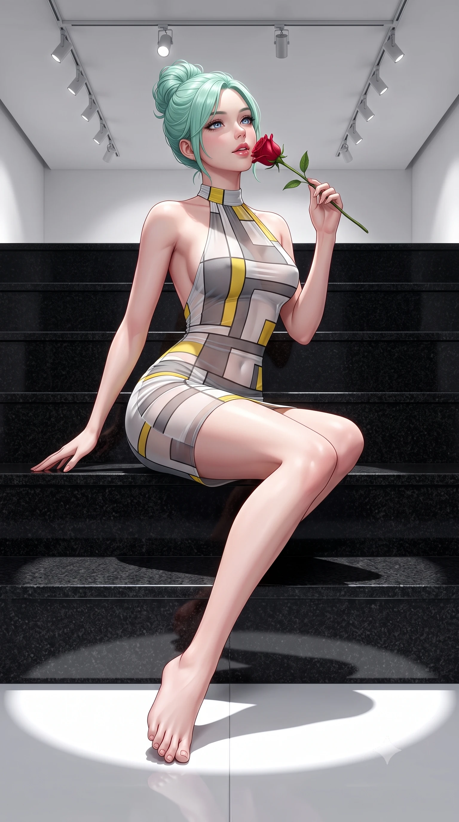 score_9, masterpiece, best quality, ultra-detailed, high-budget anime keyframe, semi-realistic 3D game render, editorial fashion photography, tasteful artistic composition, Japanese woman. low angle full-body shot from head to toe showing her feet, filling the entire 9:16 vertical frame with her statuesque presence, stretching her vertical silhouette. sitting poised on the stone steps with one knee bent, arching her spine with supermodel elegance as she glances upward through thick eyelashes while twisting her slender torso in an alluring contrapposto stance, stark museum track lights tracing her narrow waist, midriff, and hips. The surrounding environment is rendered in vivid detail and crisp panoramic clarity: sharp honed black granite stone texture, white epoxy floor reflection clarity, and ceiling track light fixtures in deep focus. She has an absolutely perfect, statuesque 8.5-heads proportion, an exceptionally tall and slender model-like female figure with impossibly long slender legs, an ultra-slim waist, a flat toned midriff, narrow delicate ribcage, and beautifully sculpted feminine hips creating a graceful, slim hourglass silhouette without any bulky heaviness. sharp v-shaped jawline, high-bridge nose, sparkling eyes with hypnotic seductive depth, thick curled eyelashes, glossy parted lips with a natural dewy peach sheen, alluring bedroom-eyes with an enchanting coquettish smile, exuding magnetic siren charisma and sophisticated glamour, flawlessly proportioned anatomical accuracy, strict slender model proportions, natural body alignment, perfectly sculpted long slender limbs, ultra-slim waistline, clean dynamic posture without body distortion. wearing a slinky backless halterneck column mini dress clinging like a second skin with deep geometric side slits in Bauhaus optic white and concrete grey with primary yellow accents, made of sheer gossamer chiffon that drapes softly against skin with airy translucence, accented with a single fresh-cut long-stemmed crimson rose held delicately near her parted lips, the glove-like clinging cut tightly following the natural contour of her hips and long slender legs with youthful 8.5-heads elegance. bathed in dramatic spotlighting casting crisp geometric pooling circles of white light on the floor. highly saturated vibrant anime colors, detailed shading with soft gradients, rich glossy textures, high-contrast stereoscopic depth, volumetric dynamic lighting, master piece, 9:16 ratio
