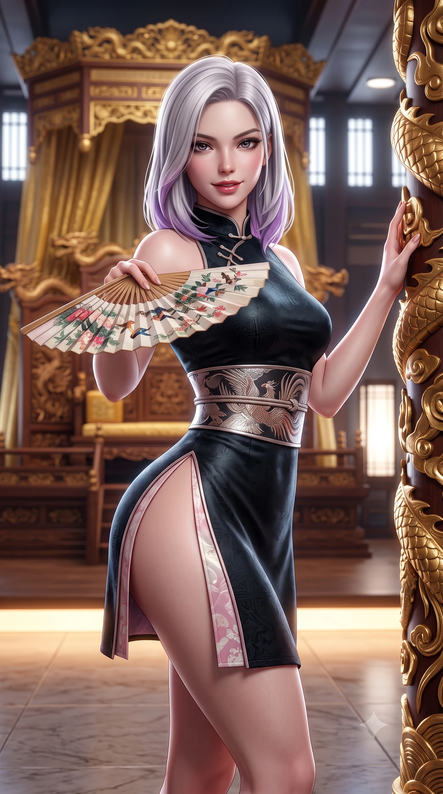 score_9, masterpiece, best quality, ultra-detailed, high-budget anime keyframe, semi-realistic 3D game render, editorial fashion photography, tasteful artistic composition, Caucasian woman. close-up cowboy shot from the waist and thighs up, the character dominates the composition, filling the frame with her large presence. playfully unfurling a painted silk fan toward the lens, her radiant smile capturing fresh girlhood charm while her arched torso reveals an intoxicating hip contour while leaning against an ornate gilded dragon column with hips cocked back, looking into the camera with an intoxicating, commanding bedroom-gaze. The background shows a soft-focus gilded royal canopies and carved wooden dragon thrones softened in majestic futuristic Joseon shallow focus. She has an exceptionally elegant, slender, and willowy female figure with an ultra-slim waist, flat toned midriff, narrow ribcage, and sculpted feminine hips creating an alluring, slim hourglass silhouette without bulk. sharp v-shaped jawline, high-bridge nose, intricate jewel-like dark sparkling almond eyes with depth, thick lashes, glossy parted lips with a natural rose-plum sheen, bright alluring and coquettish smile with bedroom-eyes, exuding both timeless oriental elegance and sovereign high-fashion allure, flawlessly proportioned anatomical accuracy, strict slender model proportions, natural body alignment, perfectly sculpted long slender limbs, ultra-slim waistline, clean dynamic posture without body distortion. wearing a form-contouring high-neck modern cheongsam mini dress in midnight black jacquard silk with daring double side hip slits in soft cherry blossom pink and pearlescent ivory, tailored from smooth celadon raw silk with natural organic slub texture, finished with a wide metallic obi sash with intricate embroidered phoenix motifs, the high-waisted wrap tailoring accentuating her ultra-slim waistline and the enchanting curve of her feminine hips with alluring oriental charm. illuminated by under-floor warm uplighting and sharp platinum rim lights carving her razor-sharp jawline, narrow waist, and curvy hips. highly saturated vibrant anime colors, detailed shading with soft gradients, rich glossy textures, high-contrast stereoscopic depth, volumetric dynamic lighting, master piece, 9:16 ratio