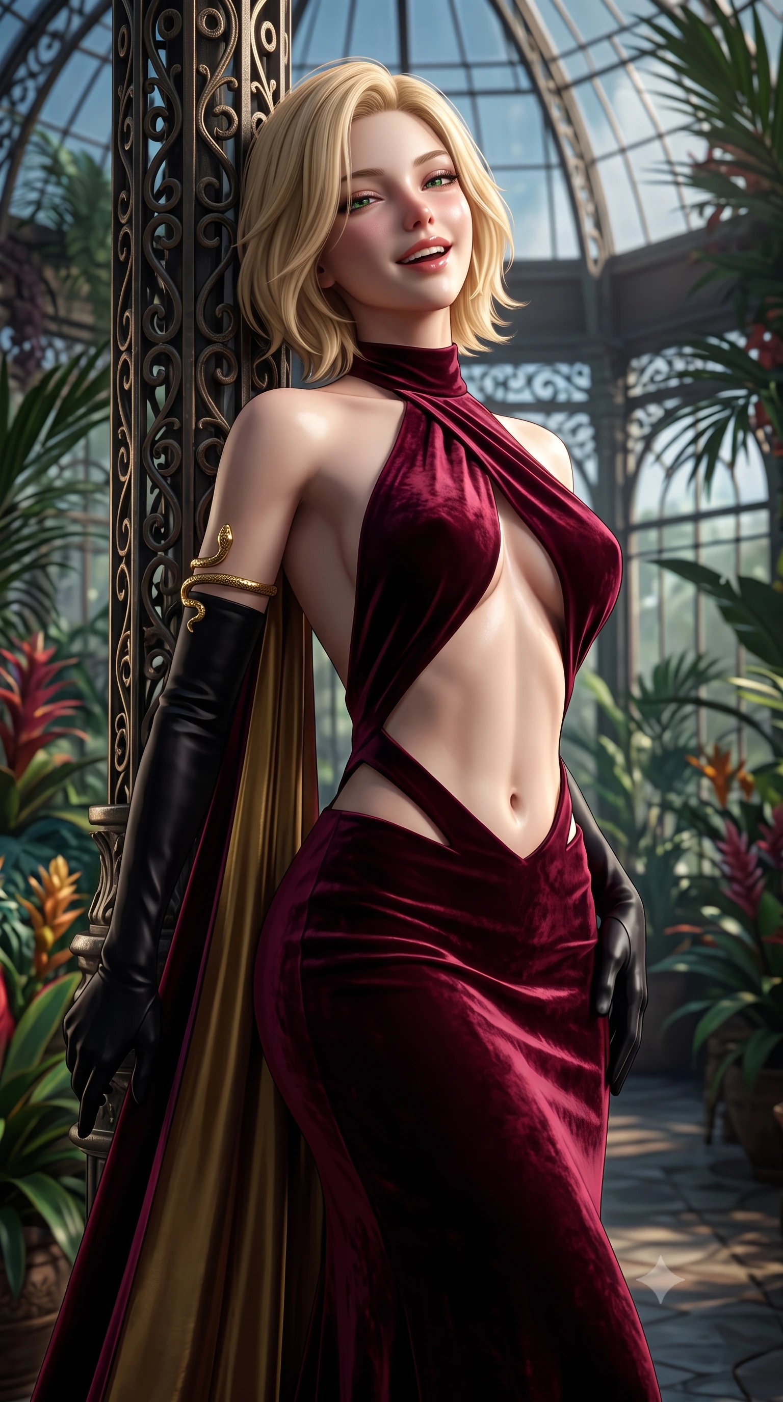 score_9, masterpiece, best quality, ultra-detailed, high-budget anime keyframe, semi-realistic 3D game render, editorial fashion photography, tasteful artistic composition, Caucasian woman. close-up cowboy shot from the waist and thighs up, the character dominates the composition, filling the frame with her large presence. laughing softly with enchanting, forbidden warmth, parted lips glistening as specular highlights illuminate her sculpted cheeks while leaning back against an ornate wrought-iron conservatory pillar, head tilted in ecstasy with parted glossy lips. The surrounding environment is rendered in vivid detail and crisp panoramic clarity. high-contrast gothic romance chiaroscuro and atmospheric Victorian architecture rendered with precision. She has an exceptionally elegant, slender, and willowy female figure with an ultra-slim waist, a gracefully sculpted slender torso, toned flat midriff, and a refined slim silhouette. sharp v-shaped jawline, high-bridge nose, intricate jewel-like eyes with depth, thick eyelashes, glossy parted lips with a natural sheen, intensely captivating and seductive expression, flawlessly proportioned anatomical accuracy, strict slender model proportions, natural body alignment, perfectly sculpted long slender limbs, ultra-slim waistline, clean dynamic posture without body distortion. wearing a gothic siren halter-neck dress with dramatic diagonal torso cutouts and a trailing floor-length silk cape in deep royal wine burgundy and liquid gold, crafted from heavyweight crushed silk velvet with liquid luster, accessorized with opera-length black satin gloves and gold serpent armlet, the dramatically scooped open back descending to the base of her spine, accentuating her razor-sharp statuesque lines and slim hourglass silhouette. illuminated by dramatic chiaroscuro key light sharply carving her slender waist, bare collarbones, and jawline. highly saturated vibrant anime colors, detailed shading with soft gradients, rich glossy textures, high-contrast stereoscopic depth, volumetric dynamic lighting, master piece, 9:16 ratio