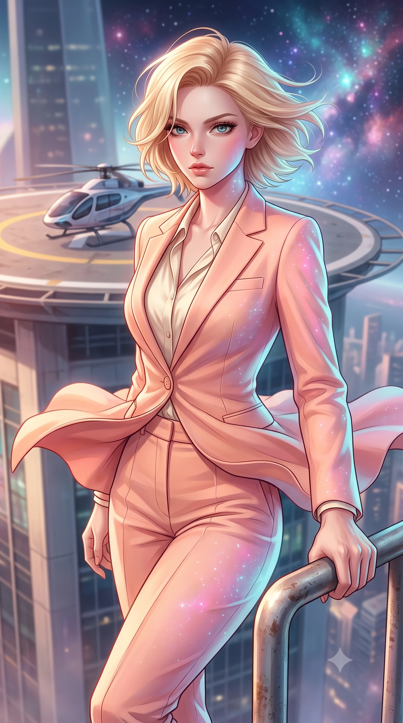 score_9, masterpiece, best quality, ultra-detailed, high-budget anime keyframe, editorial fashion photography, tasteful artistic composition, Caucasian woman, strictly human ears. close-up cowboy shot from the waist and thighs up, the character dominates the composition, filling the frame with her large presence, background elements kept in soft focus. Bracing against the hull decompression wind, her expression resolute and hand gripping a metal safety rail. set against a soft-focus background of a circular helipad extending from a skyscraper, wind whipping past as a sleek hover-copter lands. She has an exceptionally elegant and slender, willowy female figure with an ultra-slim waist, a gracefully sculpted slender torso, and a refined slim physique. sharp v-shaped jawline, high-bridge nose, intricate jewel-like eyes with depth, thick eyelashes, glossy lips with a natural sheen. wearing the lightweight fabric rippling and billowing dramatically with her movement, a form-contouring tailored pastel peach pantsuit with a single button, worn over a cream silk blouse. highly saturated vibrant anime colors, intense vivid color palette, soft 3D volumetric shading, volumetric dynamic lighting, starlight and nebula glow casting soft cosmic pink and cyan highlights on her form. 2k, ultra detail, master piece, 9:16 ratio