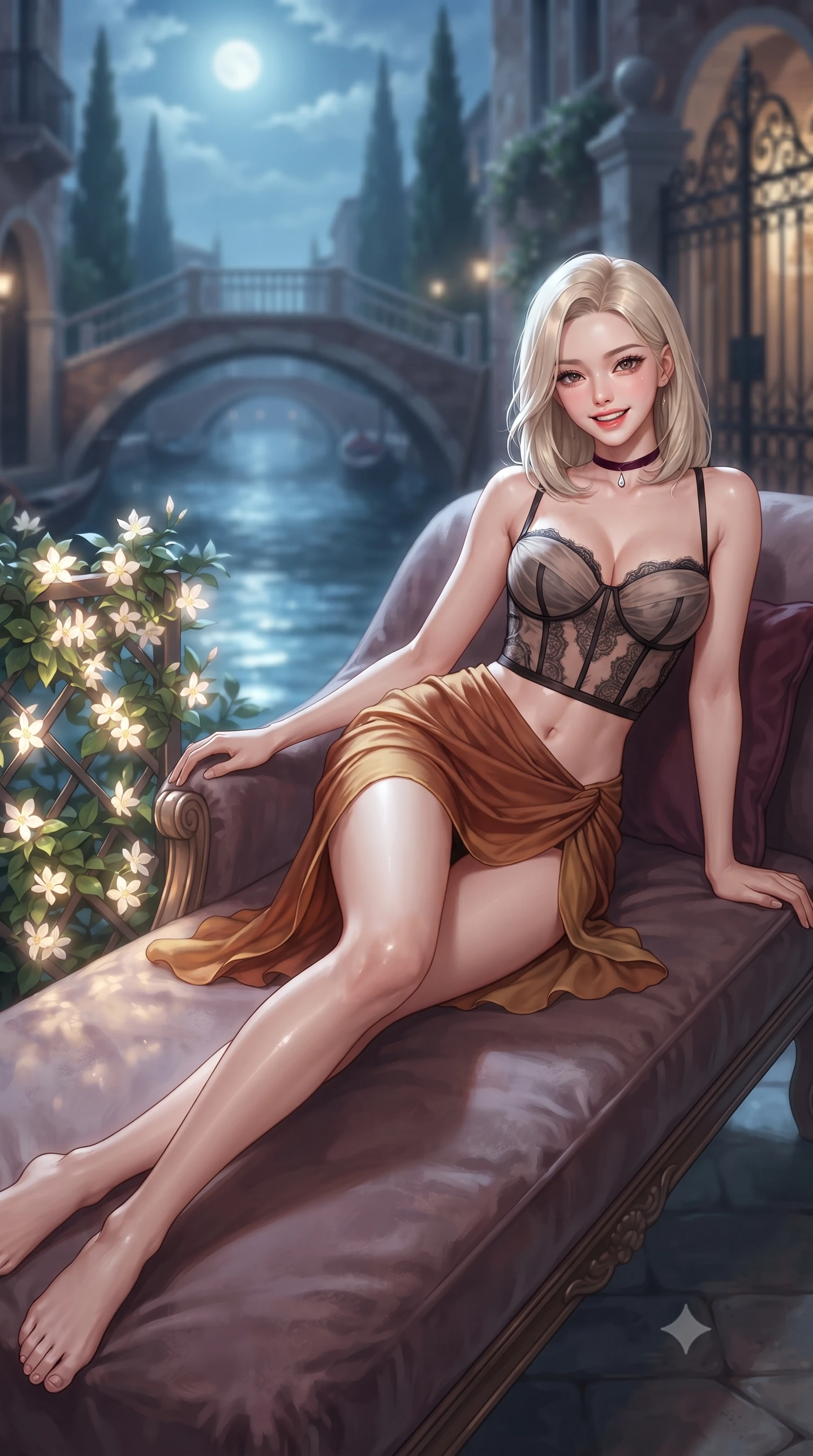 score_9, masterpiece, best quality, ultra-detailed, high-budget anime keyframe, editorial fashion photography, tasteful artistic composition, Korean woman. low angle full-body shot from head to toe showing her feet, filling the entire 9:16 vertical frame with her statuesque presence, stretching her vertical silhouette. reclining gracefully across the plush chaise lounge with one leg extended, her sculpted silhouette and flat midriff radiating magnetic nocturnal glamour while twisting her slender torso in an alluring S-curve beside blooming night-blooming jasmine, moonbeams tracing her dewy skin and curves. The background shows a soft-focus quiet Venetian side canal with arched stone footbridges, moonlit cypress trees, and wrought-iron palace gates blurred into jade, silver, and indigo bokeh. She has an exceptionally tall and slender model-like 8.5-heads proportion, an ultra-slim waist, a flat toned midriff, narrow delicate ribcage, and beautifully sculpted feminine hips creating a graceful, slim hourglass silhouette without any bulky heaviness, with impossibly long slender legs. sharp v-shaped jawline, high-bridge nose, intricate jewel-like sparkling eyes with depth, thick eyelashes, glossy parted lips with a natural peach sheen, bright cheerful beaming smile with an enchanting and coquettish sensual glint, exuding both youthful cute charm and seductive allure, flawlessly proportioned anatomical accuracy, strict slender model proportions, natural body alignment, perfectly sculpted long slender limbs, ultra-slim waistline, clean dynamic posture without body distortion. wearing a sculpted semi-sheer bustier dress in black lace with exposed boning and a draped chiffon mini skirt in warm cinnamon silk and burnished gold, crafted from fluid liquid silk satin that clings smoothly to her narrow waist and rounded hips with a dewy sheen, finished with a thin velvet ribbon choker and a single teardrop diamond pendant, the high-slit wrap tailoring accentuating her ultra-slim waistline and the enchanting curve of her feminine hips with alluring seductive charm. illuminated by canal water specular highlights and sharp silver-cyan rim lights sculpting her jawline, narrow waist, and curvy hips. ultra-reflective glossy finish, specular highlights, rich textural contrasts, high-contrast stereoscopic depth, volumetric dynamic lighting, 2k, ultra detail, master piece, 9:16 ratio