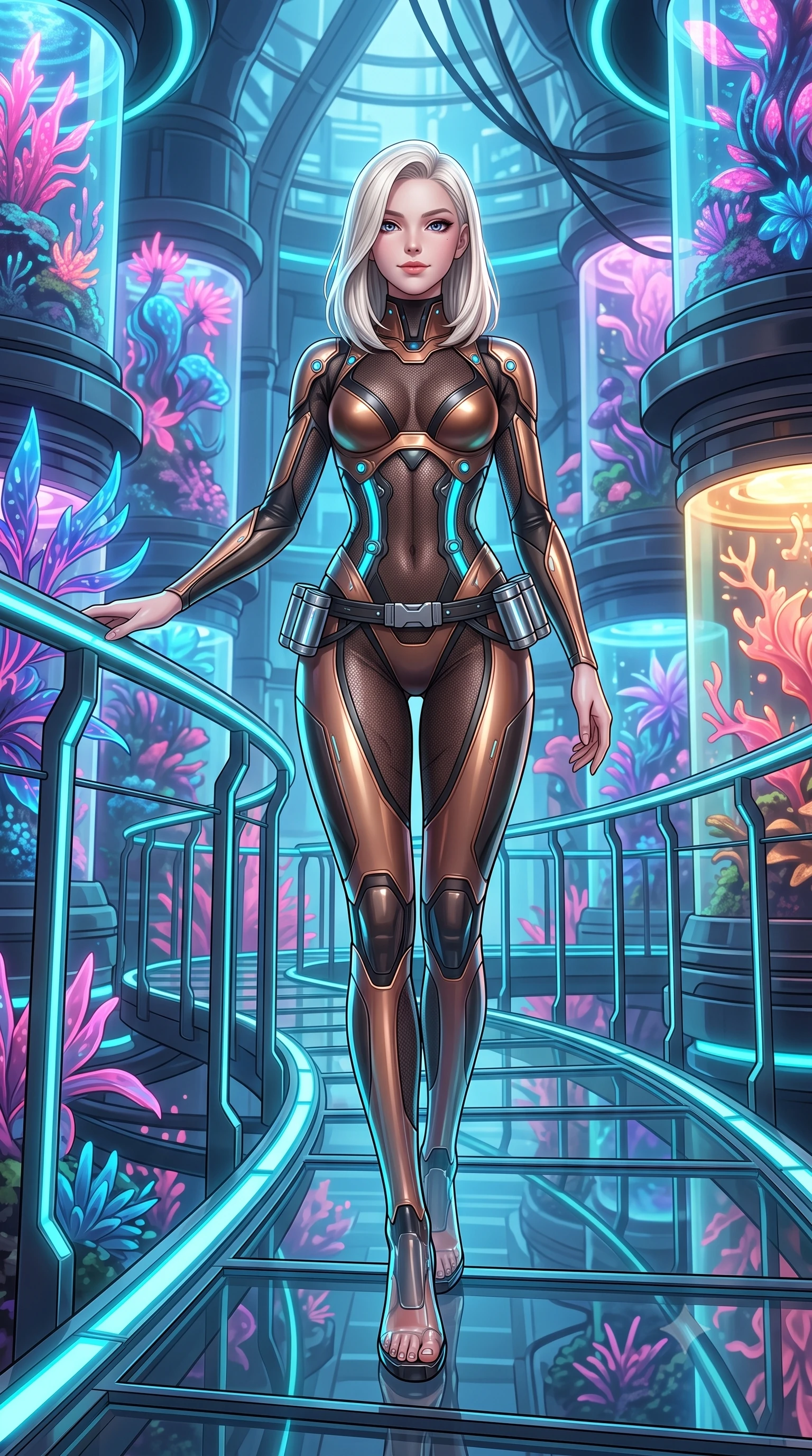 score_9, masterpiece, best quality, ultra-detailed, high-budget anime keyframe, semi-realistic 3D game render, editorial fashion photography, tasteful artistic composition, Caucasian woman. low angle full-body shot from head to toe showing her feet, filling the entire 9:16 vertical frame with her statuesque presence, stretching her vertical silhouette. standing in a tall, confident posture with one hand on a glowing metal railing, stretching her statuesque body as she arches her lower back to emphasize her sculpted feminine hips and slender waist while walking slowly down the glass catwalk surrounded by towering glowing neon flora, arching her back with an ethereal, sovereign expression. The surrounding environment is rendered in vivid detail and crisp panoramic clarity: detailed suit fabric weave, bioluminescent reflections on skin, and futuristic biosphere architecture in razor-sharp clarity. She has an absolutely perfect, statuesque 8.5-heads proportion, an exceptionally tall and slender model-like female figure with impossibly long slender legs, an ultra-slim waist, a flat toned midriff, narrow delicate ribcage, and beautifully sculpted feminine hips creating a graceful, slim hourglass silhouette without any bulky heaviness. sharp v-shaped jawline, high-bridge nose, intricate jewel-like sparkling eyes with depth, thick eyelashes, glossy parted lips with a natural sheen, bright confident smile with an enchanting and coquettish sensual glint, exuding both youthful magnetic charm and sovereign high-tech allure, flawlessly proportioned anatomical accuracy, strict slender model proportions, natural body alignment, perfectly sculpted long slender limbs, ultra-slim waistline, clean dynamic posture without body distortion. wearing a form-contouring exo-suit chassis with glowing cyan hydraulic spine braces worn over an ultra-slim bodysuit in burnished bronze alloy and smoked glass black, crafted from sheer technical cyber-lace reinforced with ultra-thin Kevlar threads, accented with a sleek utility belt with polished magnetic canisters resting loosely on her curvy hips, the form-contouring cut accentuating her sculpted flat midriff, narrow delicate ribcage, and gracefully curvy hips with cybernetic supermodel precision. illuminated by nutrient tank glows and sharp cyan rim lights defining her sculpted collarbones, ultra-slim waist, and curvy hips. highly saturated vibrant anime colors, detailed shading with soft gradients, rich glossy textures, high-contrast stereoscopic depth, volumetric dynamic lighting, master piece, 9:16 ratio