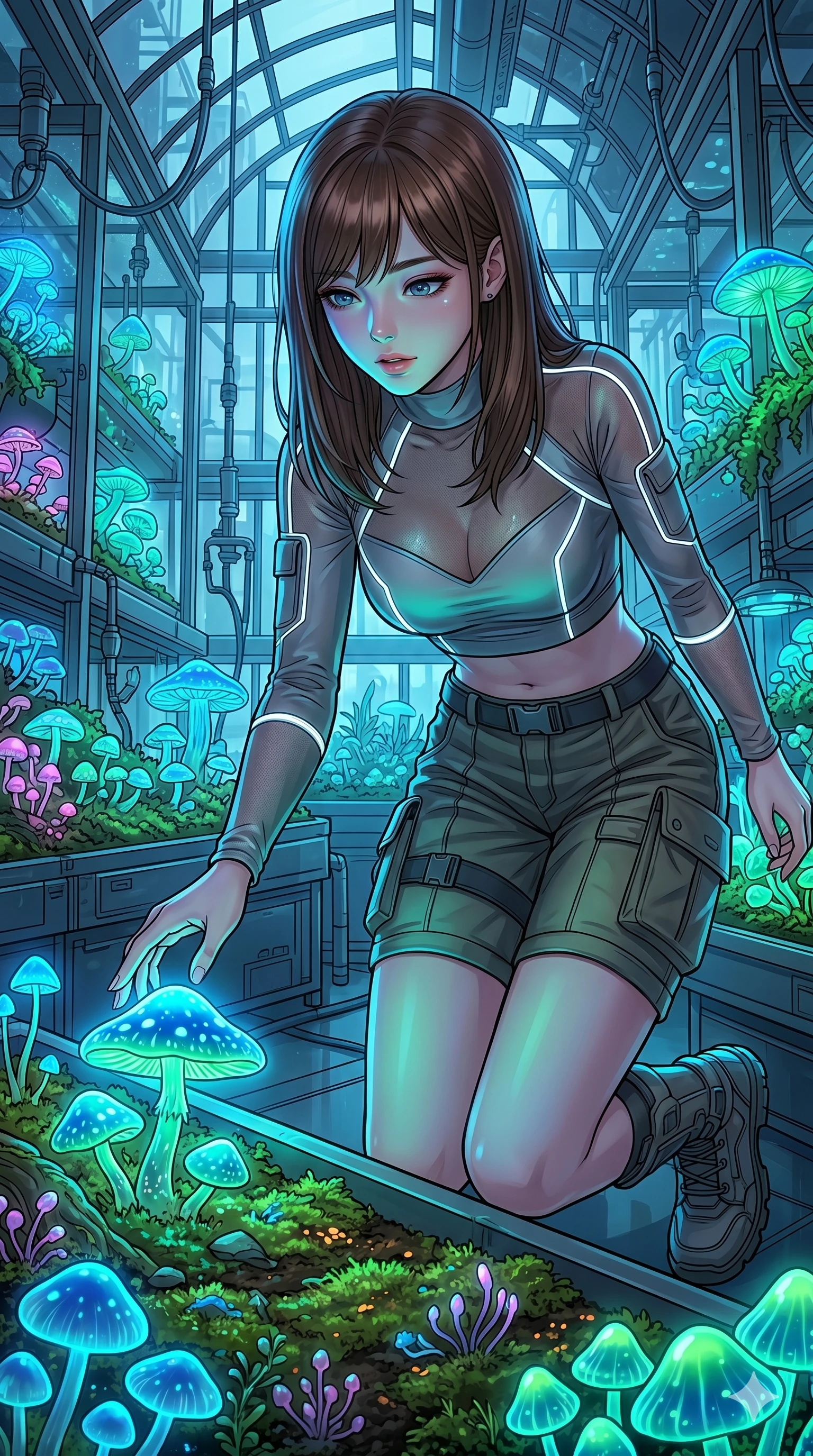 score_9, masterpiece, best quality, ultra-detailed, high-budget anime keyframe, editorial fashion photography, tasteful artistic composition, Korean woman. Upper body close-up from the thighs up, character filling the screen for maximum presence. Standing in a high-tech greenhouse filled with glowing neon mushrooms, kneeling down to touch a glowing mushroom cap with a fascinated expression. She is wearing a cropped tech-wear top with sheer panels, utility shorts, and protective boots. The scene is bathed in the bioluminescent blue and green light of the mushrooms. 2k, ultra detail, master piece, 9:16 ratio