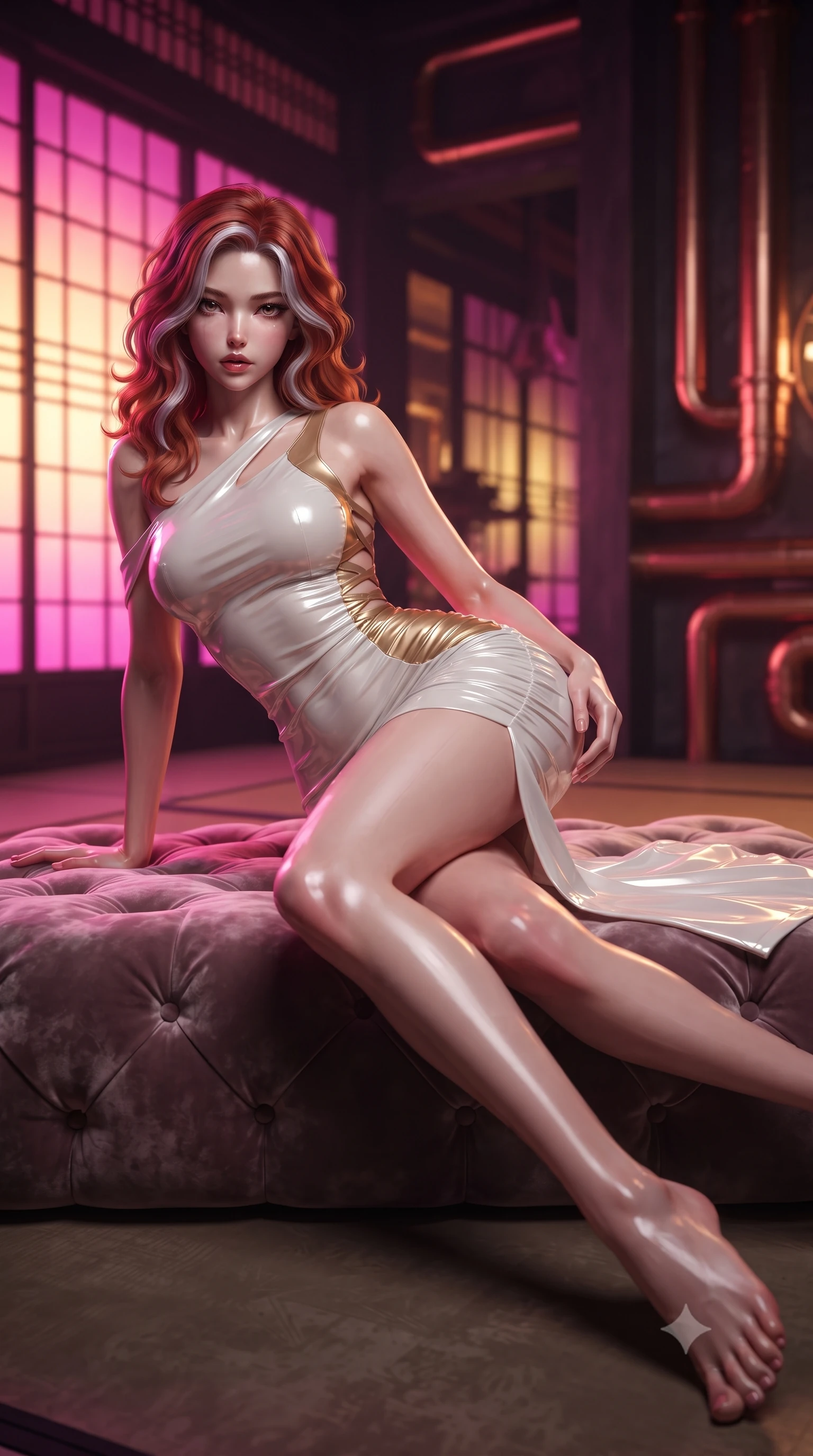 score_9, masterpiece, best quality, ultra-detailed, high-budget anime keyframe, editorial fashion photography, tasteful artistic composition, Caucasian woman. low angle full-body shot from head to toe showing her feet, filling the entire 9:16 vertical frame with her statuesque presence, stretching her vertical silhouette. leaning deep against the structural architecture with hips cocked in an unapologetically bold, seductive high-fashion stance while reclining languidly on a tufted velvet floor cushion propped on one elbow, her slender waist and curved hips highlighted by neon pink and amber chiaroscuro. The composition keeps background elements in soft focus with creamy bokeh. intricate glowing neon shoji screens and polished copper steam pipes blurred into hot magenta, cyber-gold, and plum bokeh. She has an exceptionally tall and slender model-like 8.5-heads proportion, an ultra-slim waist, a flat toned midriff, narrow delicate ribcage, and beautifully sculpted feminine hips creating a graceful, slim hourglass silhouette without any bulky heaviness, with impossibly long slender legs. sharp v-shaped jawline, high-bridge nose, intricate jewel-like eyes with depth, thick eyelashes, glossy parted lips with a natural sheen, intensely captivating and seductive bedroom-eyes expression, flawlessly proportioned anatomical accuracy, strict slender model proportions, natural body alignment, perfectly sculpted long slender limbs, ultra-slim waistline, clean dynamic posture without body distortion. wearing a form-contouring cocktail dress with an asymmetrical open shoulder and hip-defining ruching in pure alabaster white and sun-kissed gold, tailored from second-skin aerodynamic stretch vinyl with specular wet sheen, featuring an open-back criss-cross harness strap in dark leather, the liquid-tight tailored fabric clinging flawlessly to her narrow waist and rounded feminine hips, emphasizing every millimeter of her sculpted slim hourglass curves without any bulky heaviness. illuminated by crisp directional edge lights defining her sculpted collarbones, ultra-slim waist, and curvy hips. ultra-reflective glossy finish, specular highlights, rich textural contrasts, high-contrast stereoscopic depth, volumetric dynamic lighting, 2k, ultra detail, master piece, 9:16 ratio
