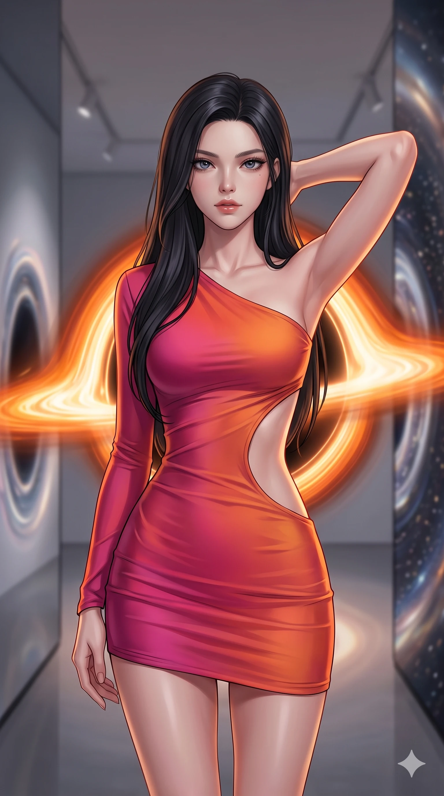 score_9, masterpiece, best quality, ultra-detailed, high-budget anime keyframe, editorial fashion photography, tasteful artistic composition, Korean woman. close-up cowboy shot from the waist and thighs up, the character dominates the composition, filling the frame with her large presence, background elements kept in soft focus. Placing one hand behind her head with confident body language and a direct stare. set against a soft-focus background of a gallery positioned at the edge of a black hole where extreme gravity bends light around mirrors creating impossible reflections of infinity with space-time visibly warping and stretching near each polished surface. She has an exceptionally elegant and slender, willowy female figure with an ultra-slim waist, a gracefully sculpted slender torso, and a refined slim physique. sharp v-shaped jawline, high-bridge nose, intricate jewel-like eyes with depth, thick eyelashes, glossy lips with a natural sheen. wearing an asymmetric one-sleeve mini dress in a warm fuchsia and orange gradient, with a dramatic side cutout. gravitationally lensed light creating distorted halos and Einstein rings around every reflective surface with the accretion disk providing an intense orange rim of light. 2k, ultra detail, master piece, 9:16 ratio