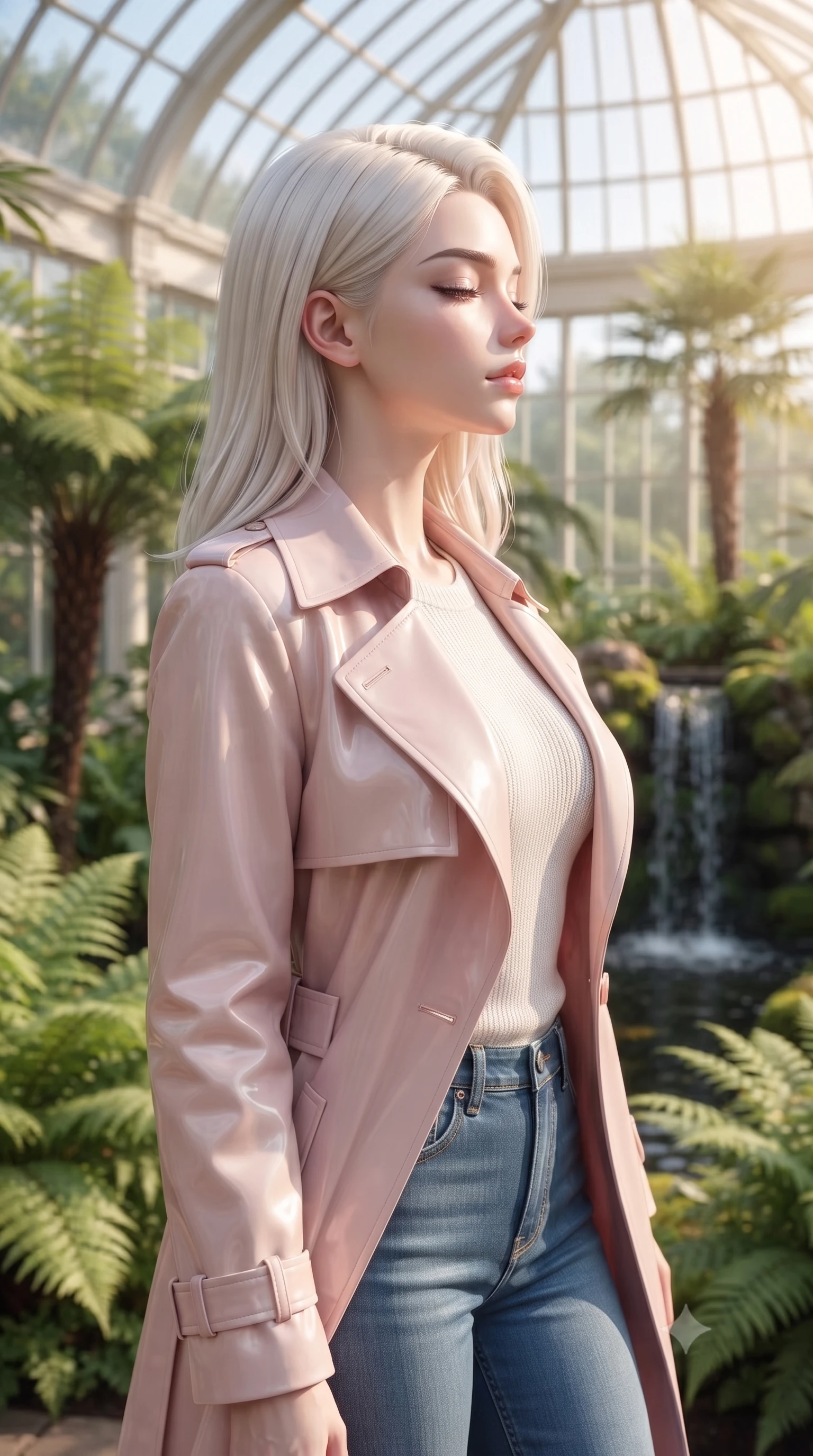 score_9, masterpiece, best quality, ultra-detailed, high-budget anime keyframe, editorial fashion photography, tasteful artistic composition, Caucasian woman woman. close-up cowboy shot from the waist and thighs up, the character dominates the composition, filling the frame with her large presence, background elements kept in soft focus. turning her face in profile to catch the warm sunlight on her cheek, eyes softly closed the background shows a soft-focus a grand glass conservatory filled with lush tropical ferns, palms, and a small waterfall. She has an exceptionally elegant, slender, and willowy female figure with an ultra-slim waist, a gracefully sculpted slender torso, and a refined silhouette. sharp v-shaped jawline, high-bridge nose, intricate jewel-like eyes with depth, thick eyelashes, glossy lips with a natural sheen. wearing a tailored lightweight light pink trench coat over a white knit top and blue jeans. bright daylight filtered through the glass panels, creating soft highlights. ultra-reflective glossy finish, specular highlights, metallic sheen, high-contrast stereoscopic depth, volumetric dynamic lighting, 2k, ultra detail, master piece, 9:16 ratio