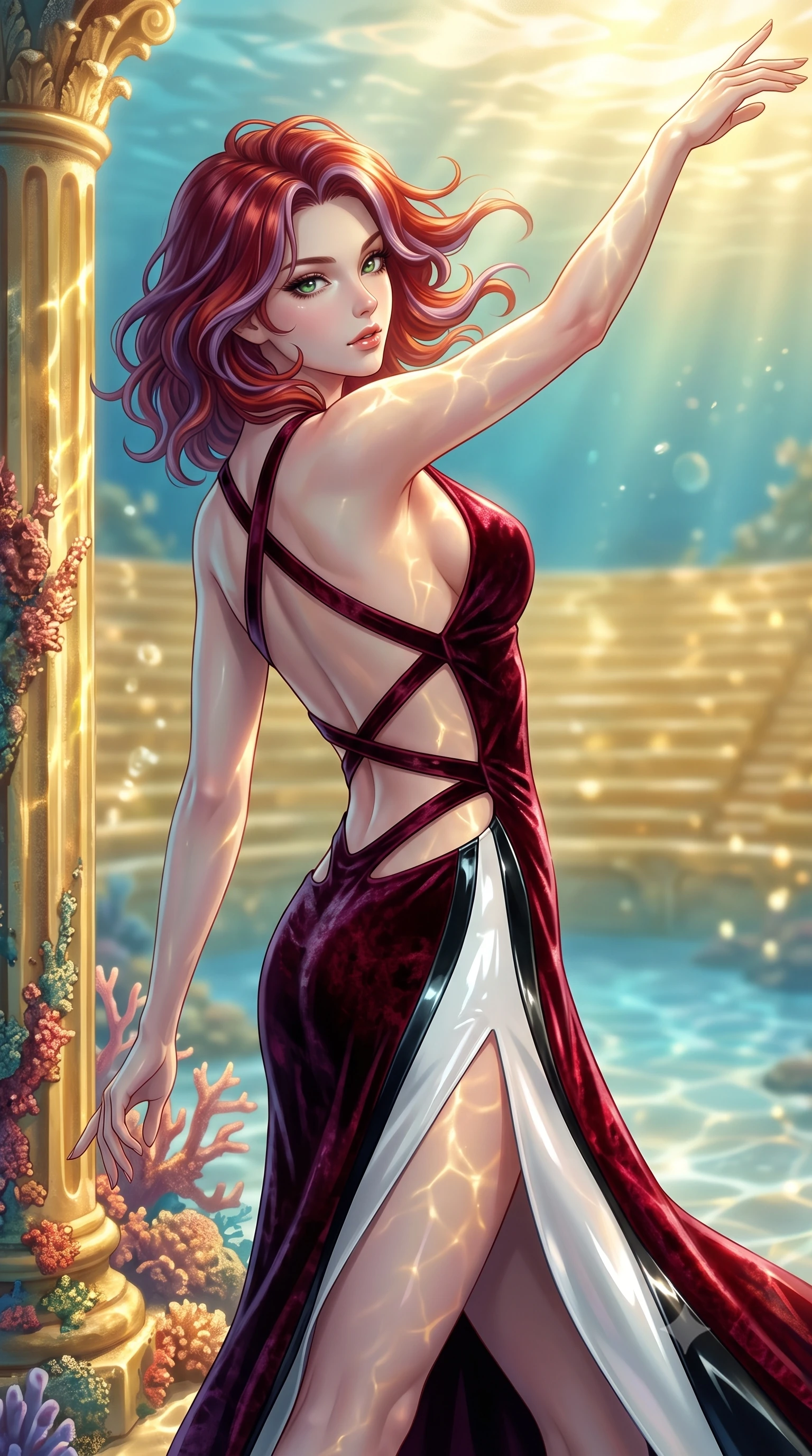 score_9, masterpiece, best quality, ultra-detailed, high-budget anime keyframe, semi-realistic 3D game render, editorial fashion photography, tasteful artistic composition, Caucasian woman. close-up cowboy shot from the waist and thighs up, the character dominates the composition, filling the frame with her large presence. extending one arm gracefully toward the light while her torso arches in a sleek, alluring curve with magnetic intensity while stepping along a coral-encrusted golden colonnade with an alluring, bedroom-eyed glance into the lens. The composition keeps background elements in soft focus with creamy bokeh. sunken golden amphitheatre tiers and water caustics softened in luminous shallow depth of field. She has an exceptionally elegant, slender, and willowy female figure with an ultra-slim waist, a gracefully sculpted slender torso, toned flat midriff, and a refined slim silhouette. sharp v-shaped jawline, high-bridge nose, intricate jewel-like eyes with depth, thick eyelashes, glossy lips with a natural sheen, flawlessly proportioned anatomical accuracy, strict slender model proportions, natural body alignment, perfectly sculpted long slender limbs, ultra-slim waistline, clean dynamic posture without body distortion. wearing a backless crimson crushed velvet gown with a deep plunging V-neckline, strategic hip cutouts, and an ultra-high thigh slit in high-gloss monochrome white and sharp black contrast, crafted from ultra-reflective second-skin latex with a high-gloss glass-like polish, complemented by criss-cross back straps highlighting her completely bare spine, the liquid-tight tailored fabric emphasizing every curve of her tall, slender model proportions and sculptured silhouette during dynamic movement. bathed in shimmering golden sunlight caustics filtering through clear ocean waters. highly saturated vibrant anime colors, detailed shading with soft gradients, rich glossy textures, high-contrast stereoscopic depth, volumetric dynamic lighting, master piece, 9:16 ratio