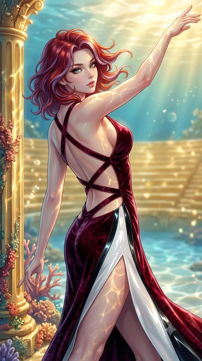 score_9, masterpiece, best quality, ultra-detailed, high-budget anime keyframe, semi-realistic 3D game render, editorial fashion photography, tasteful artistic composition, Caucasian woman. close-up cowboy shot from the waist and thighs up, the chara