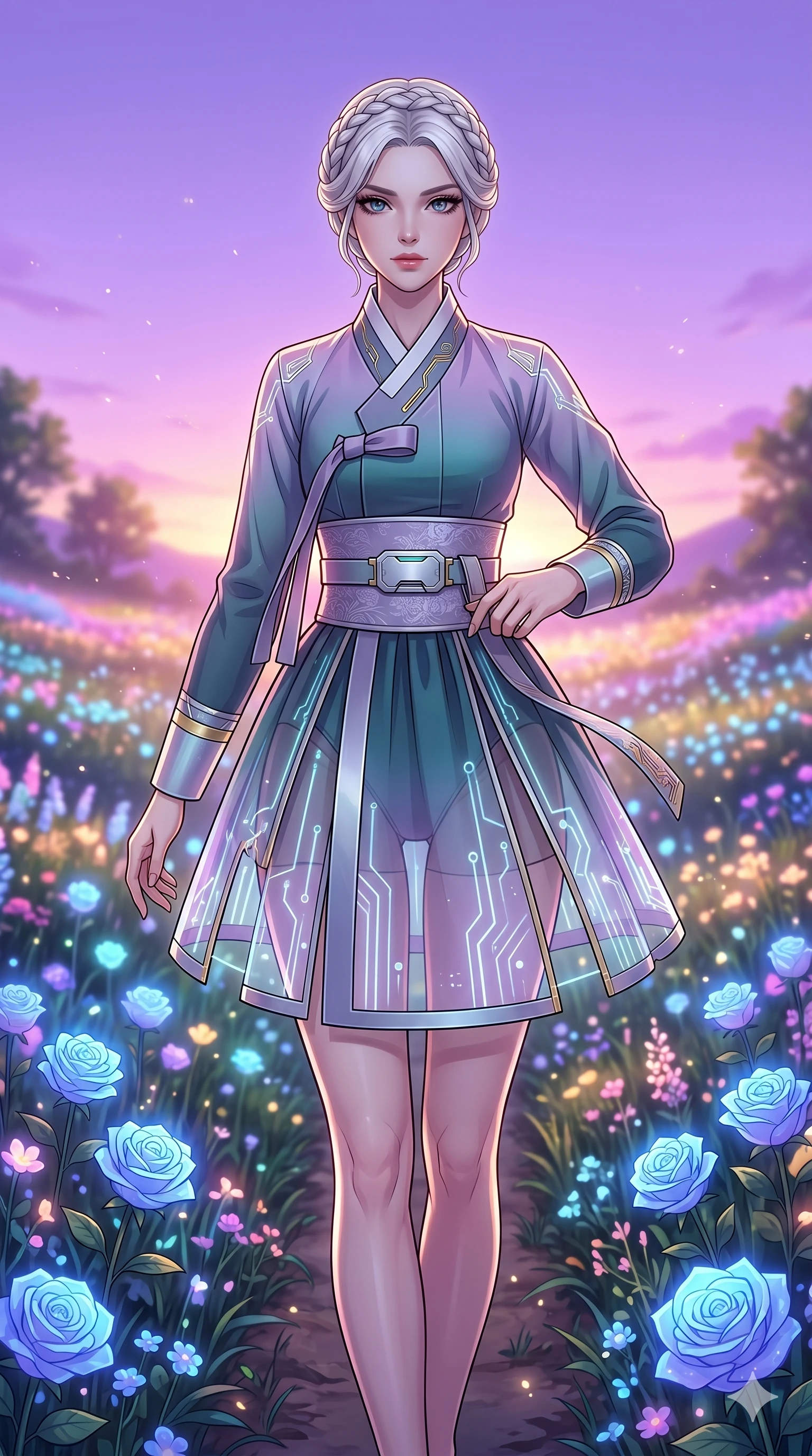 score_9, masterpiece, best quality, ultra-detailed, Set C: High-budget Anime Keyframe, Korean woman. Upper body close-up from the thighs up, character filling the screen for maximum presence. Walking through a field of blue roses under a lavender sky at dusk. She has an absolutely perfect 8-heads proportion, an exceptionally tall and slender female figure with an slender waist and ethereal beauty. Sharp v-shaped jawline, high-bridge nose, intricate jewel-like eyes with depth, thick eyelashes, glossy lips. Wearing a Modern Traditional outfit: shortened cyber-hanbok with transparent panels and a wide obi. Background is a bright and colorful meadow with glowing flowers and a vibrant purple sunset. 2k, ultra detail, master piece, 9:16 ratio